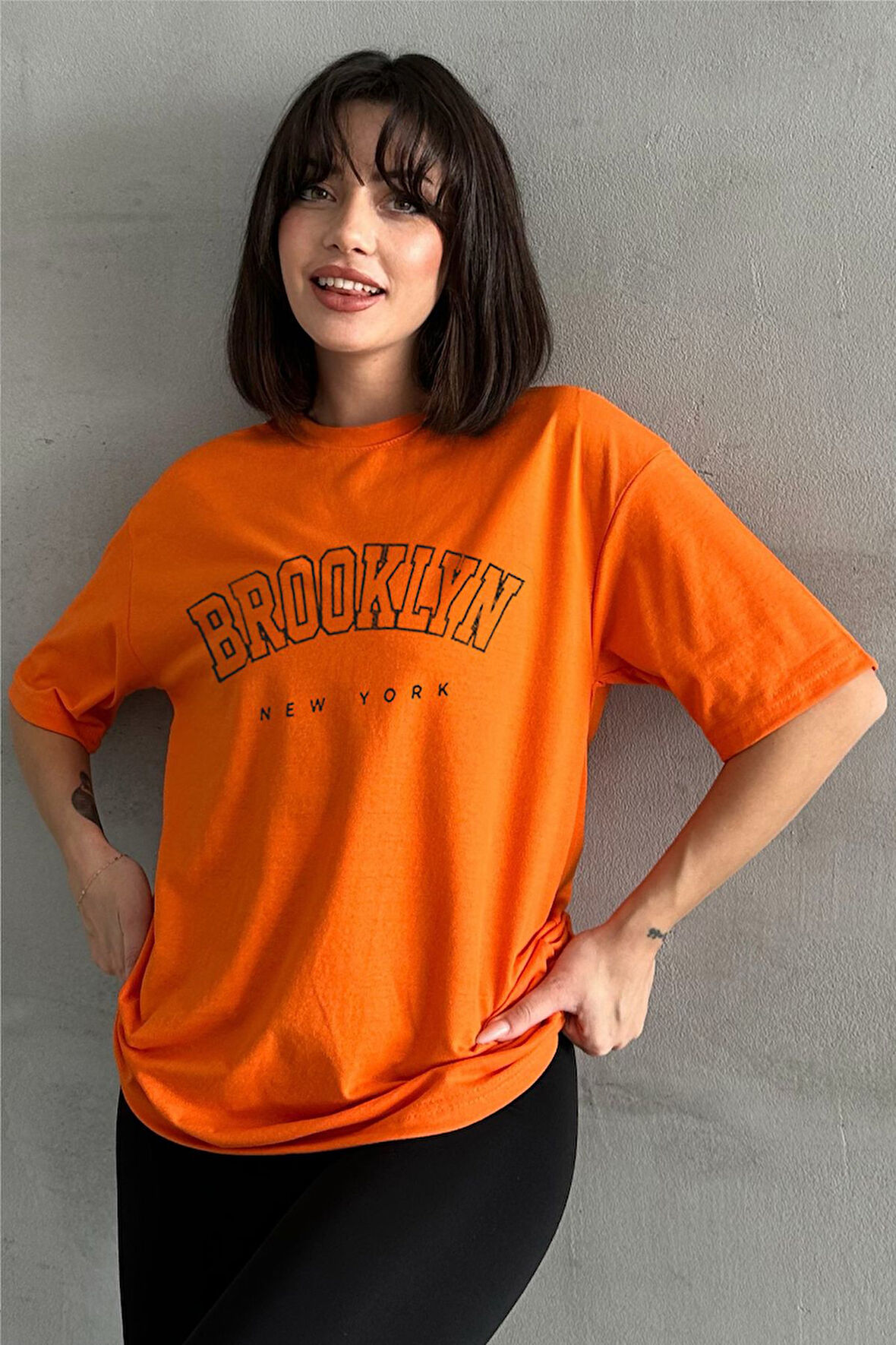 Kadın Brooklyn New York Baskılı Bisiklet Yaka Oversize T-Shirt