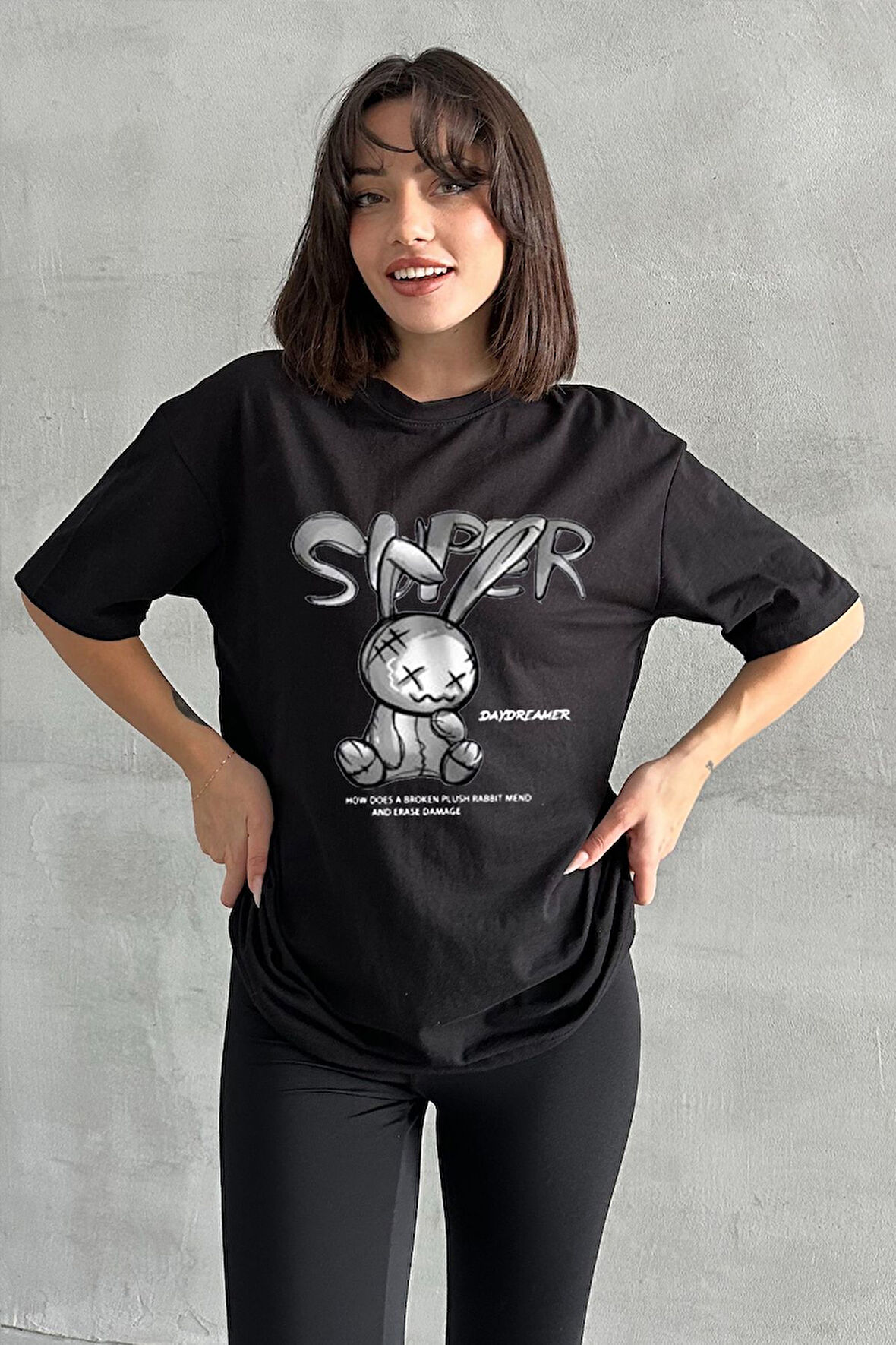 Kadın Super Peluş Tavşan Baskılı Bisiklet Yaka Oversize T-Shirt