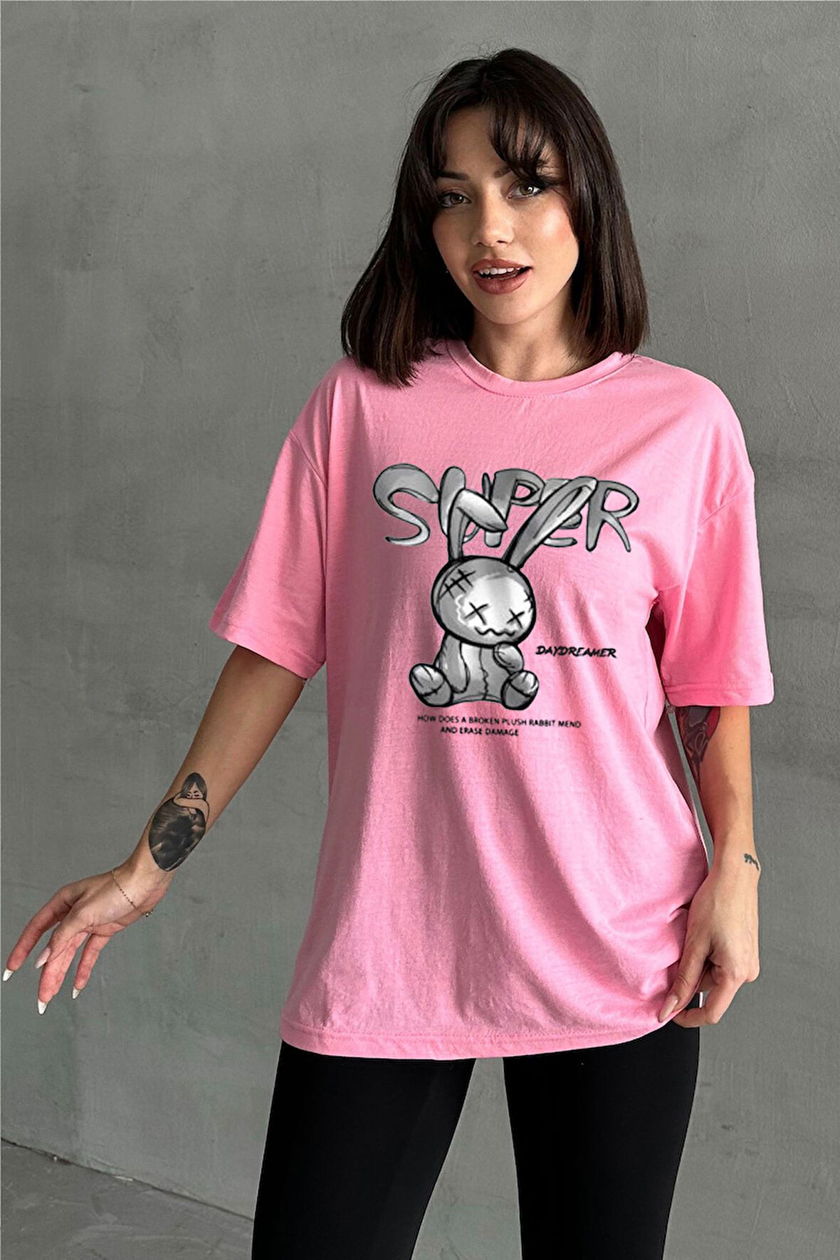 Kadın Super Peluş Tavşan Baskılı Bisiklet Yaka Oversize T-Shirt