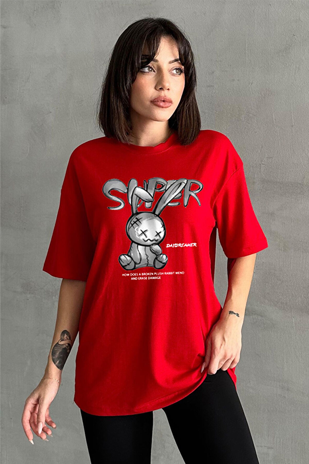 Kadın Super Peluş Tavşan Baskılı Bisiklet Yaka Oversize T-Shirt