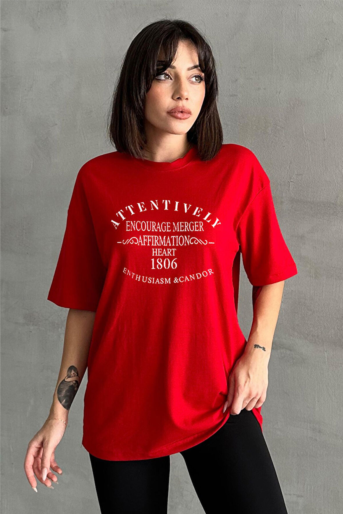 Kadın Attentively Baskılı Bisiklet Yaka Oversize T-Shirt