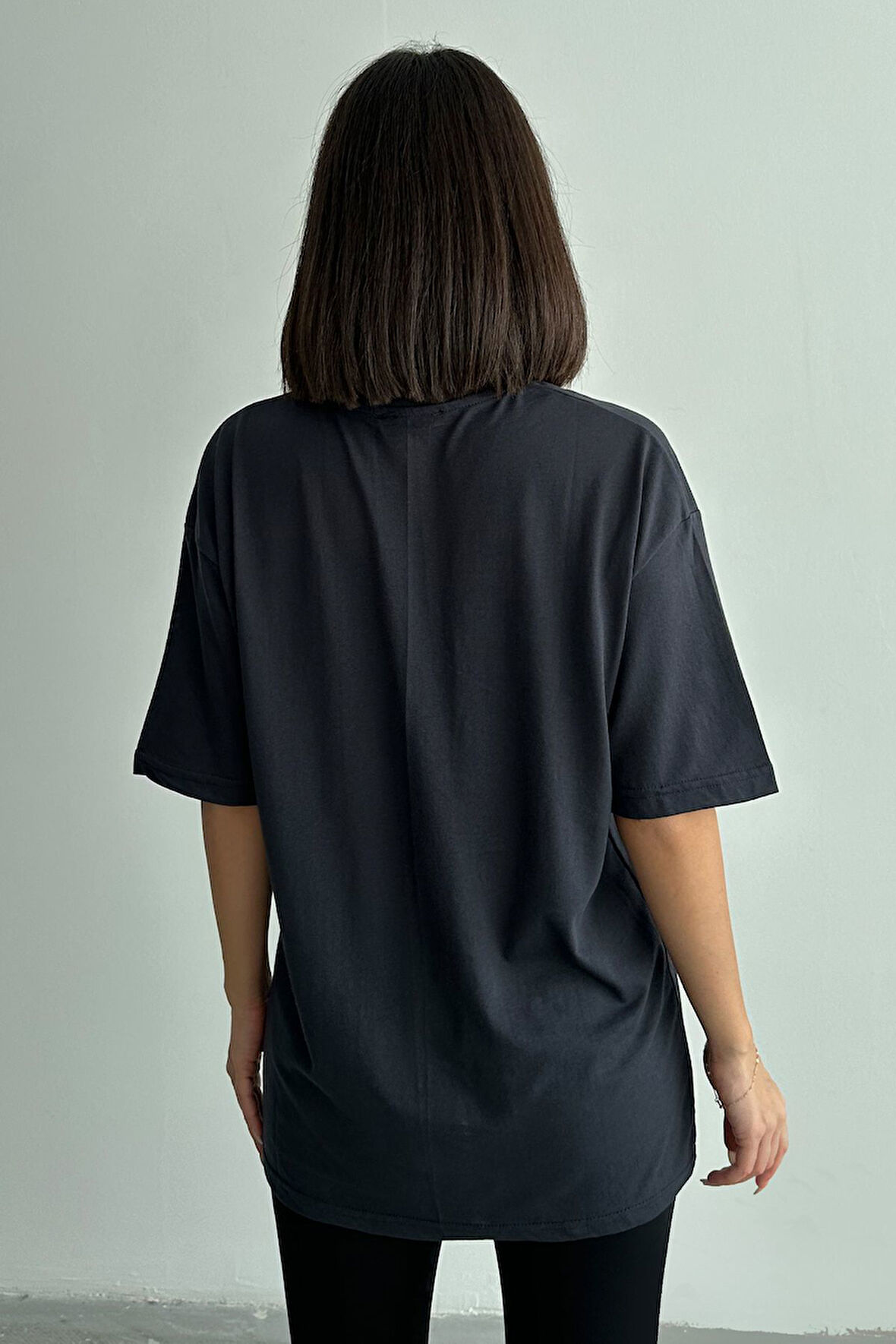 Kadın Attentively Baskılı Bisiklet Yaka Oversize T-Shirt