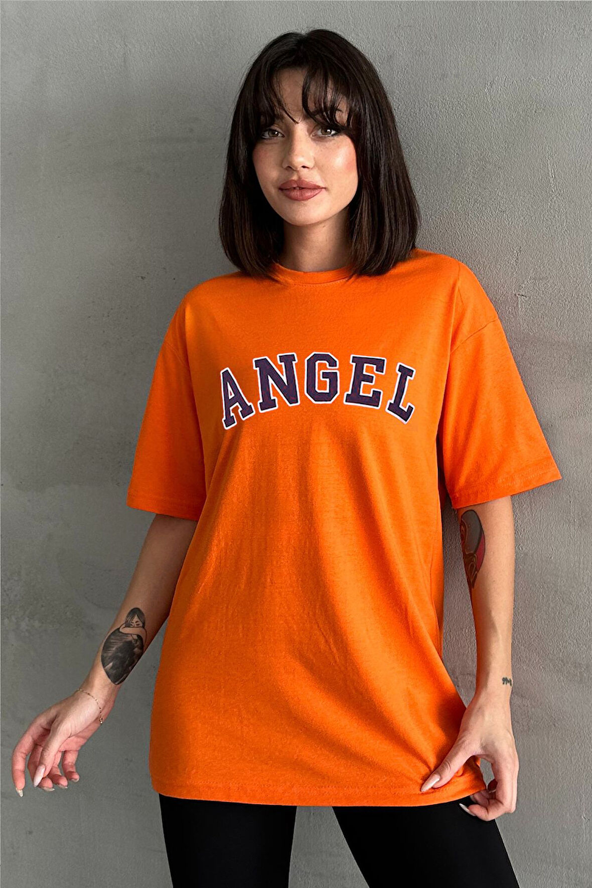 Kadın Angel Baskılı Bisiklet Yaka Oversize T-Shirt