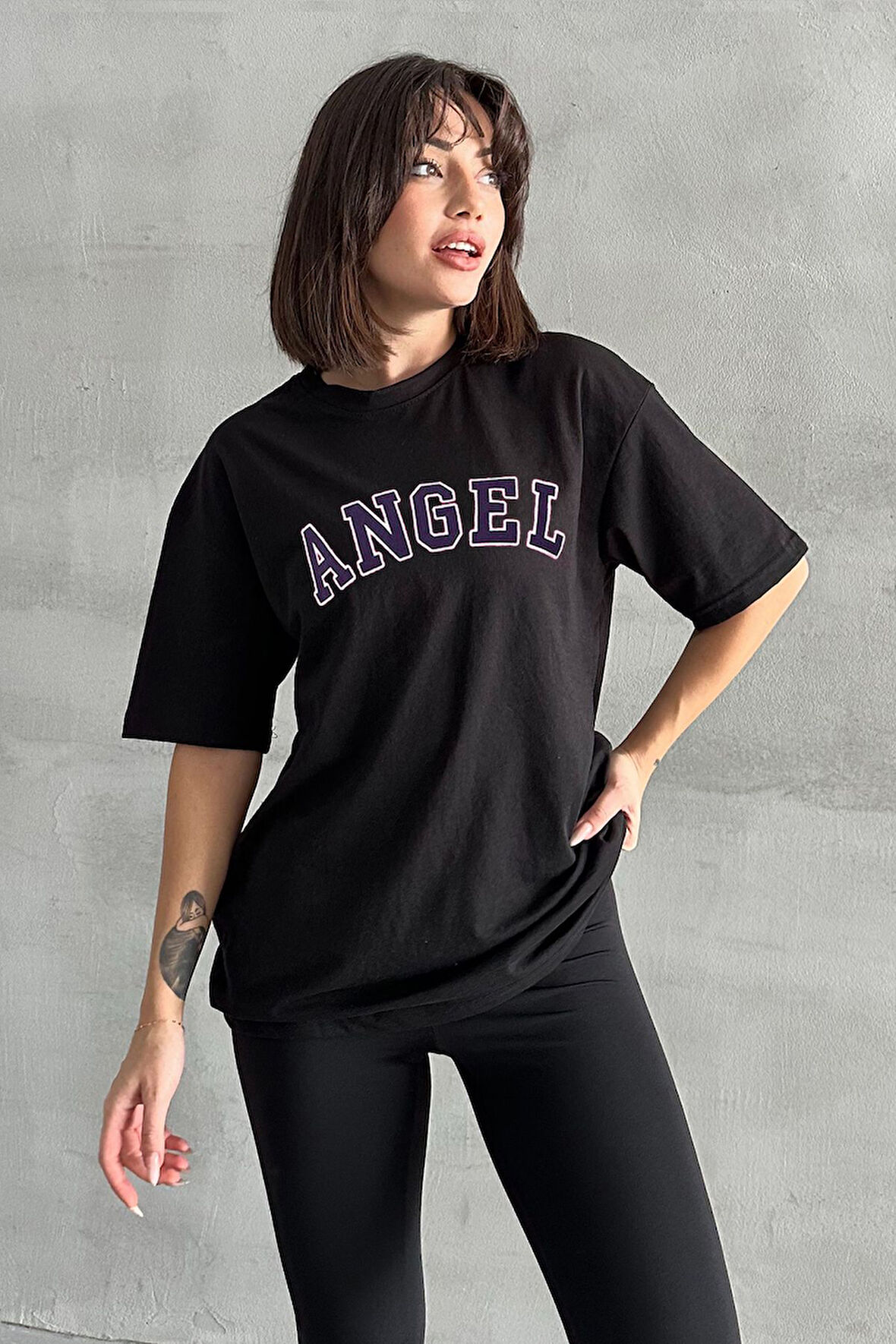 Kadın Angel Baskılı Bisiklet Yaka Oversize T-Shirt