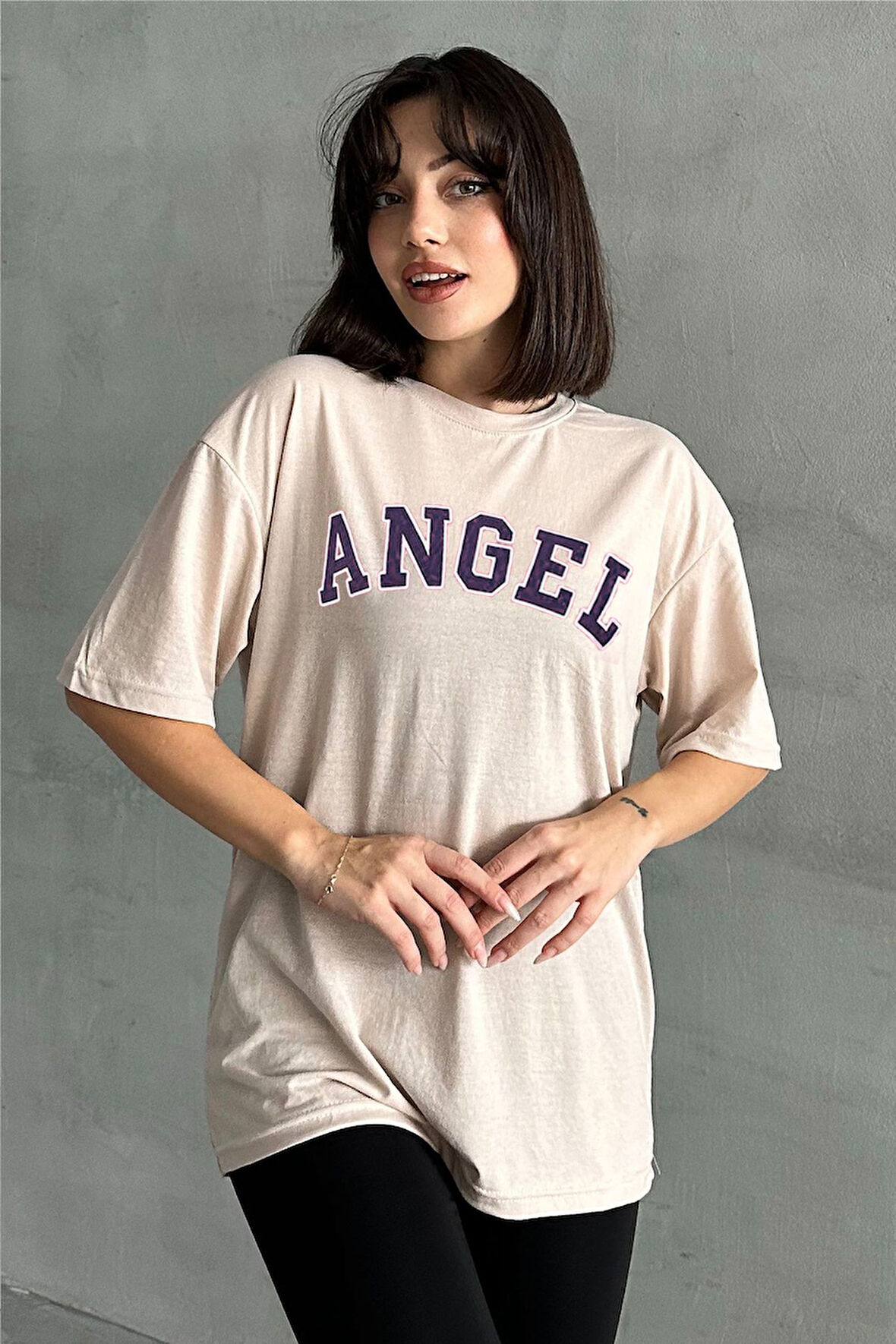 Kadın Angel Baskılı Bisiklet Yaka Oversize T-Shirt