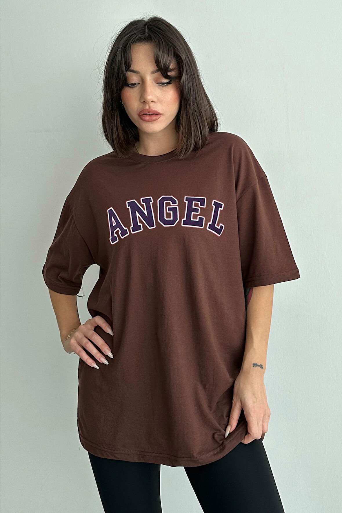 Kadın Angel Baskılı Bisiklet Yaka Oversize T-Shirt