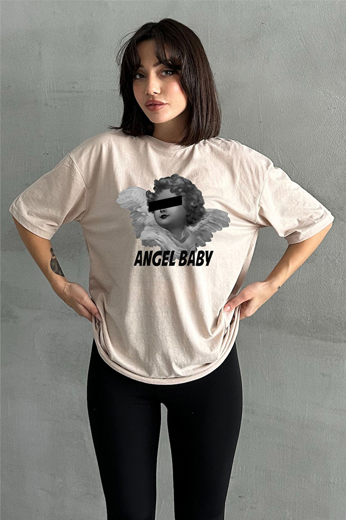 Kadın Angel Baby Baskılı Bisiklet Yaka Oversize T-Shirt