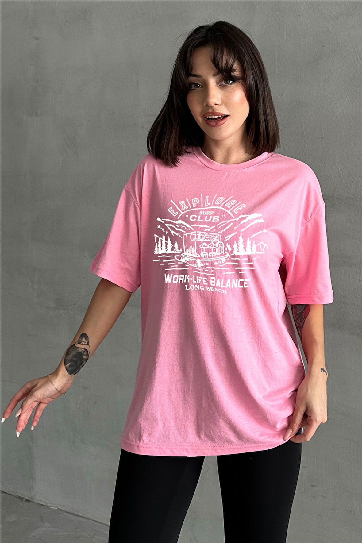 Kadın Surf Club Baskılı Bisiklet Yaka Oversize T-Shirt