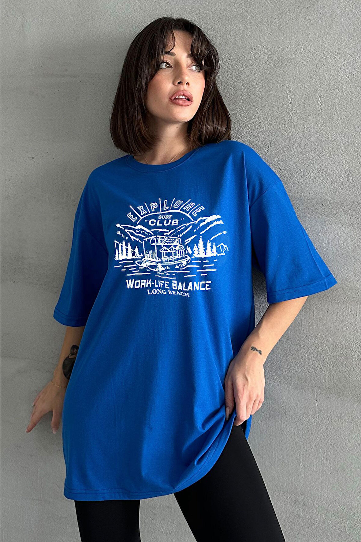 Kadın Surf Club Baskılı Bisiklet Yaka Oversize T-Shirt