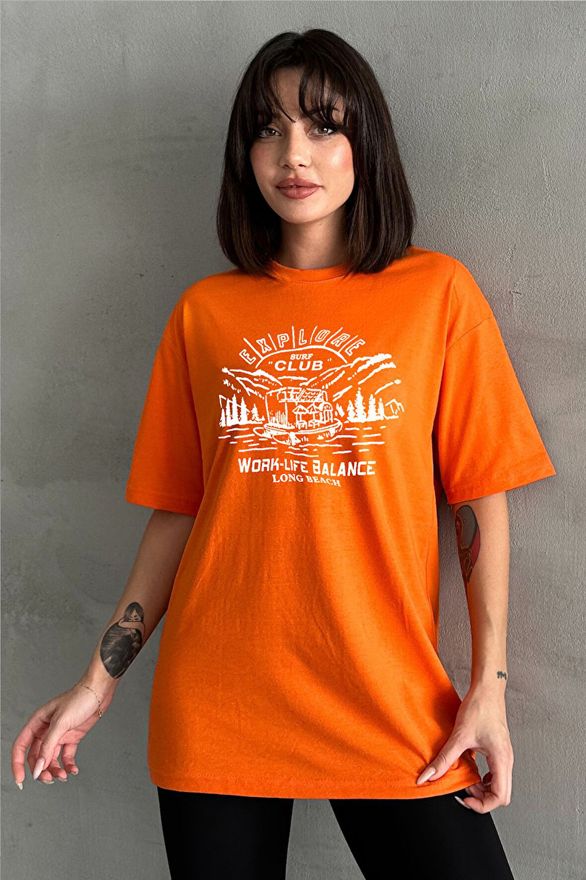 Kadın Surf Club Baskılı Bisiklet Yaka Oversize T-Shirt