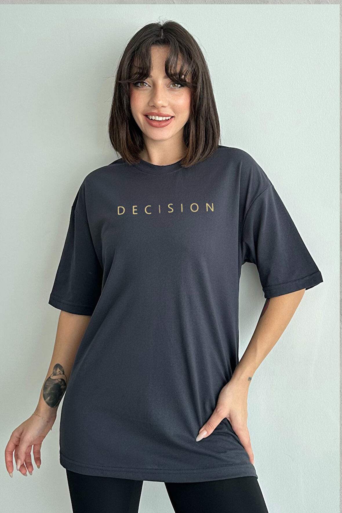 Kadın Decision Baskılı Bisiklet Yaka Oversize T-Shirt