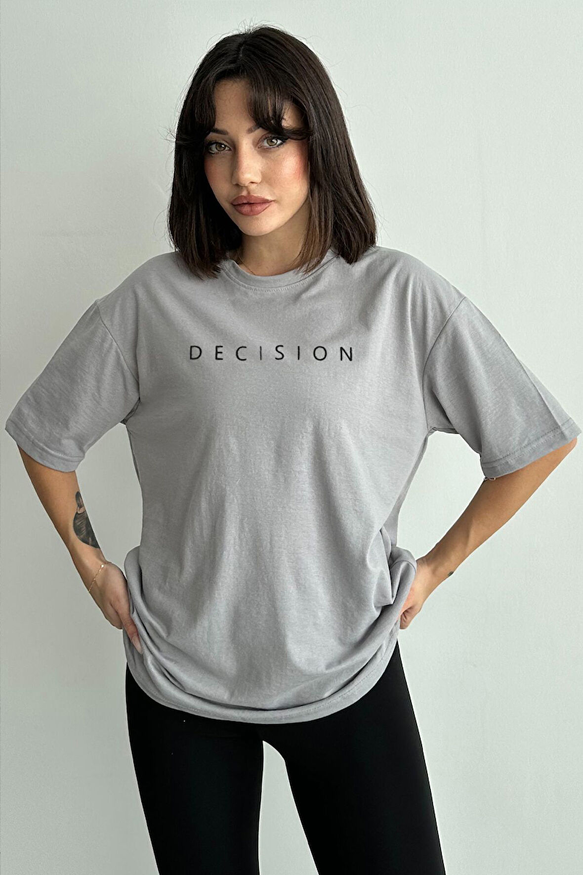 Kadın Decision Baskılı Bisiklet Yaka Oversize T-Shirt