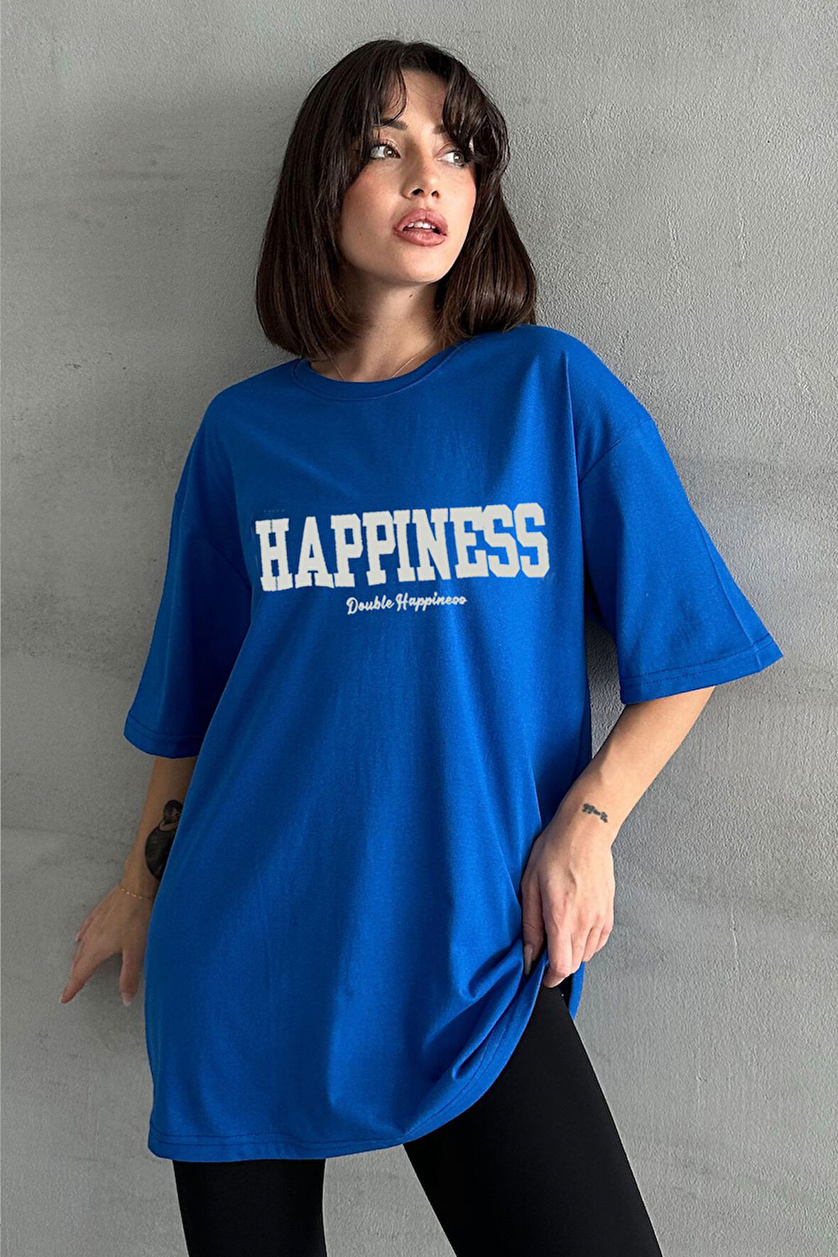 Kadın Happiness Baskılı Bisiklet Yaka Oversize T-Shirt