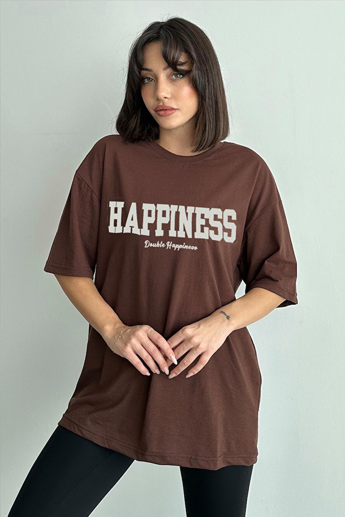 Kadın Happiness Baskılı Bisiklet Yaka Oversize T-Shirt