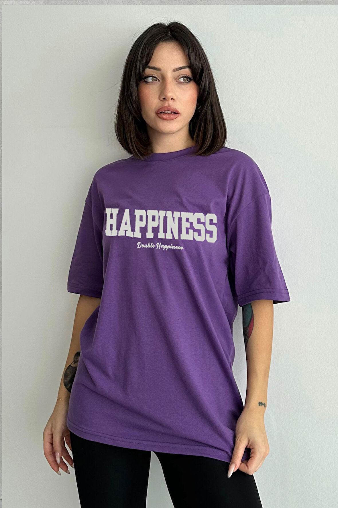 Kadın Happiness Baskılı Bisiklet Yaka Oversize T-Shirt