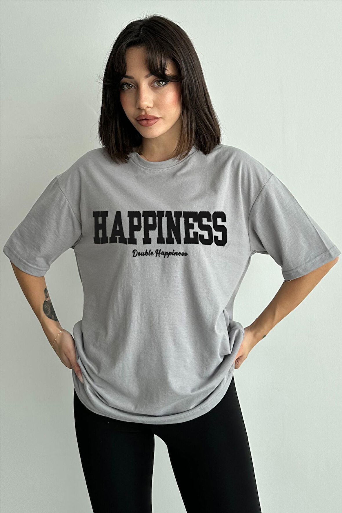 Kadın Happiness Baskılı Bisiklet Yaka Oversize T-Shirt