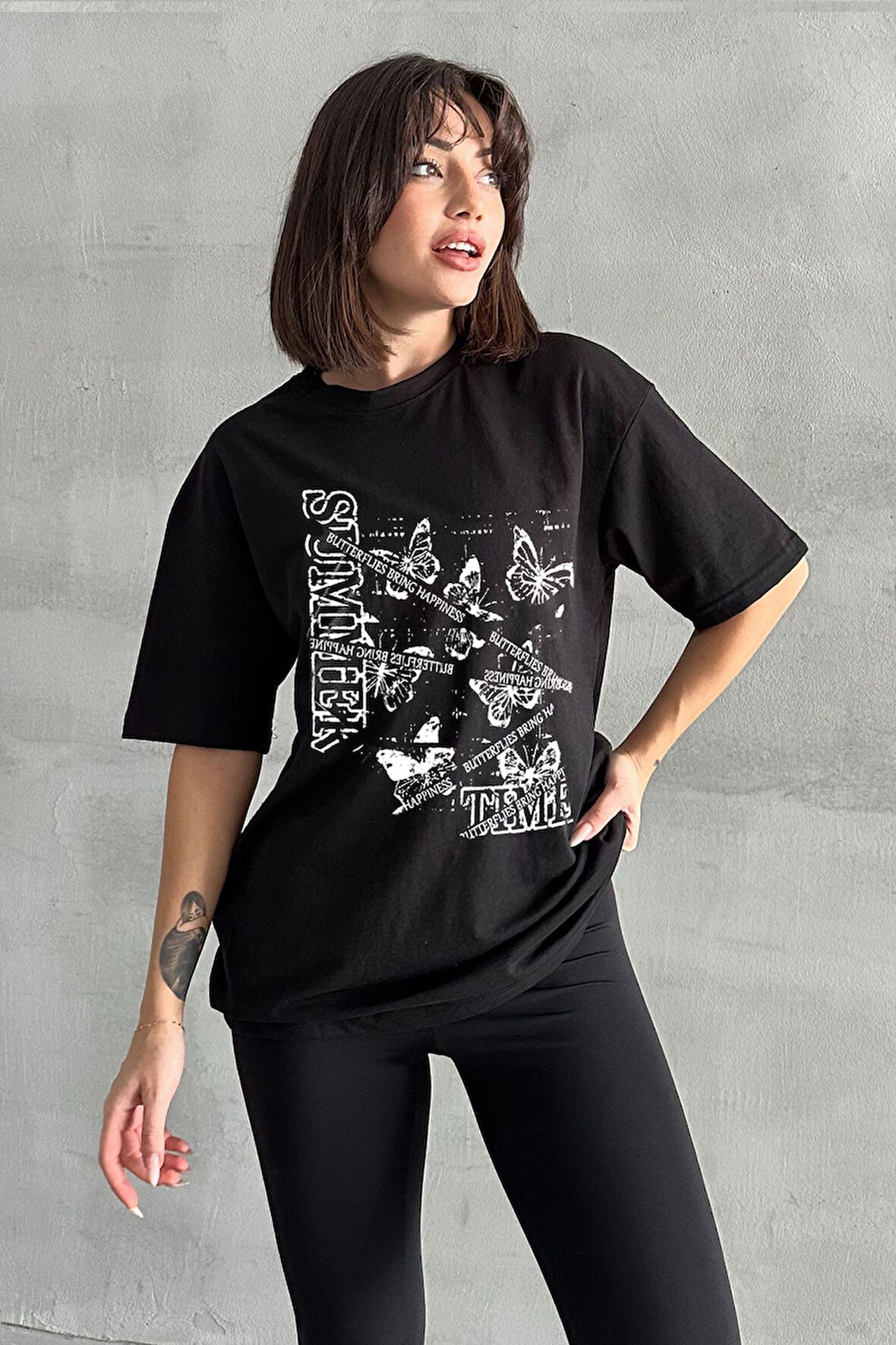 Kadın Summer Time Baskılı Bisiklet Yaka Oversize T-Shirt