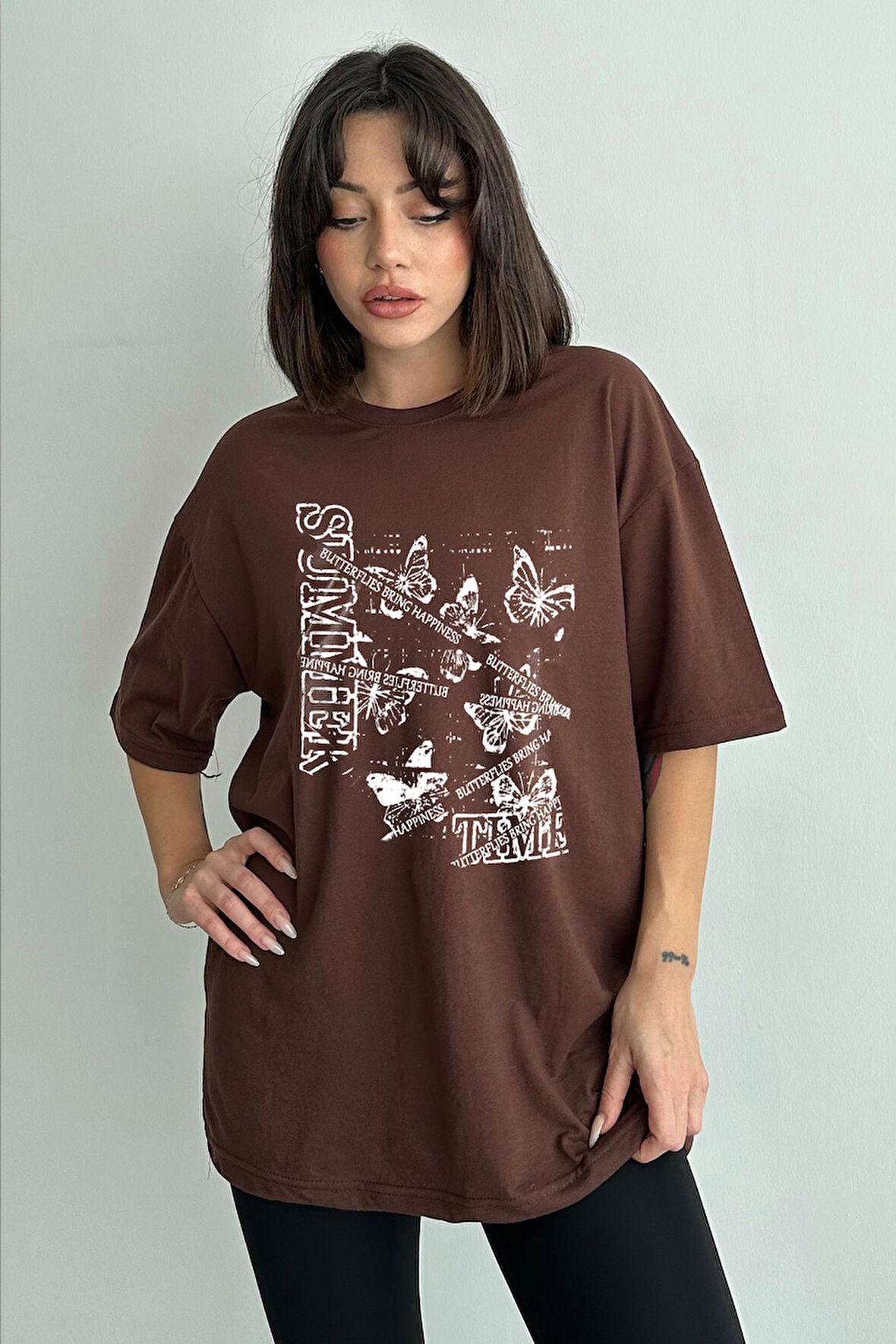 Kadın Summer Time Baskılı Bisiklet Yaka Oversize T-Shirt