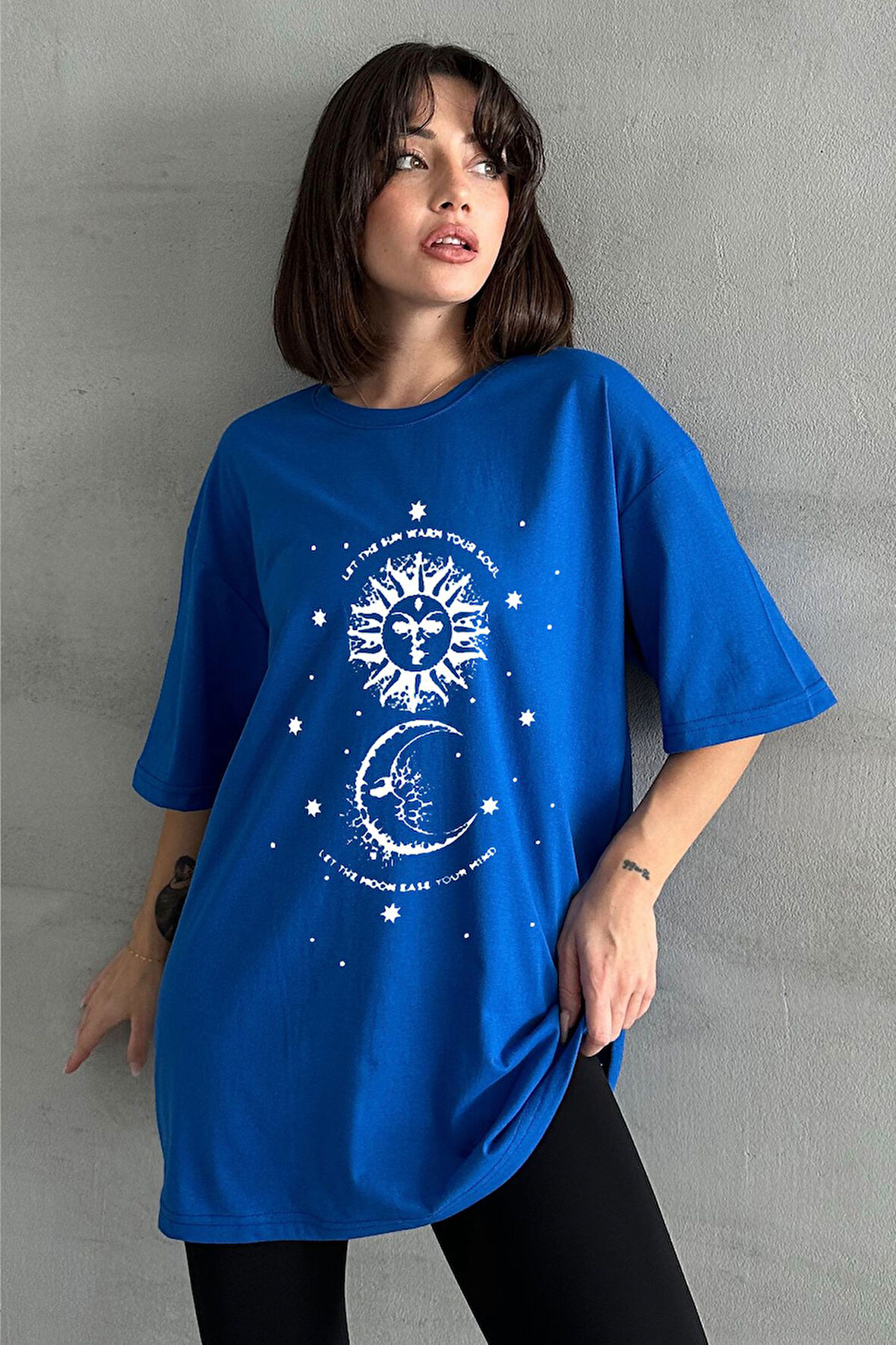 Kadın Astral Baskılı Bisiklet Yaka Oversize T-Shirt