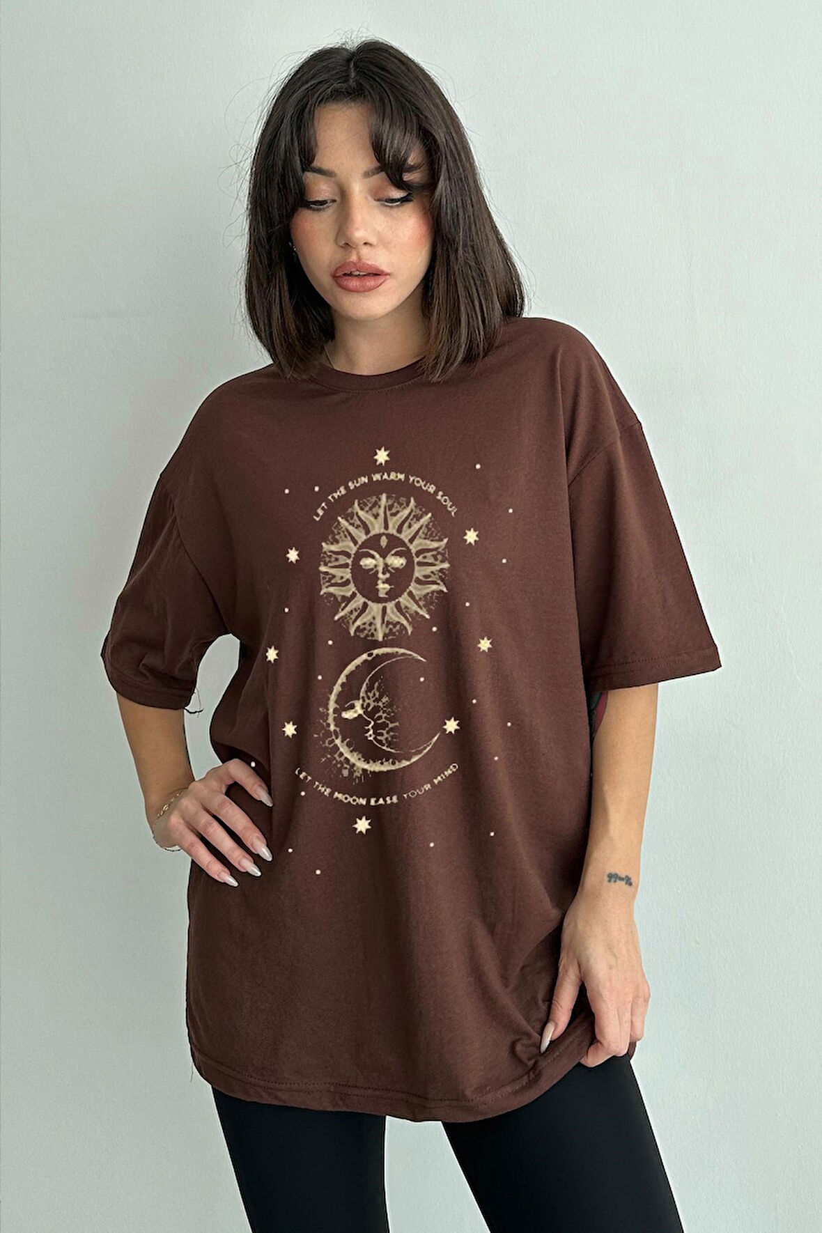 Kadın Astral Baskılı Bisiklet Yaka Oversize T-Shirt