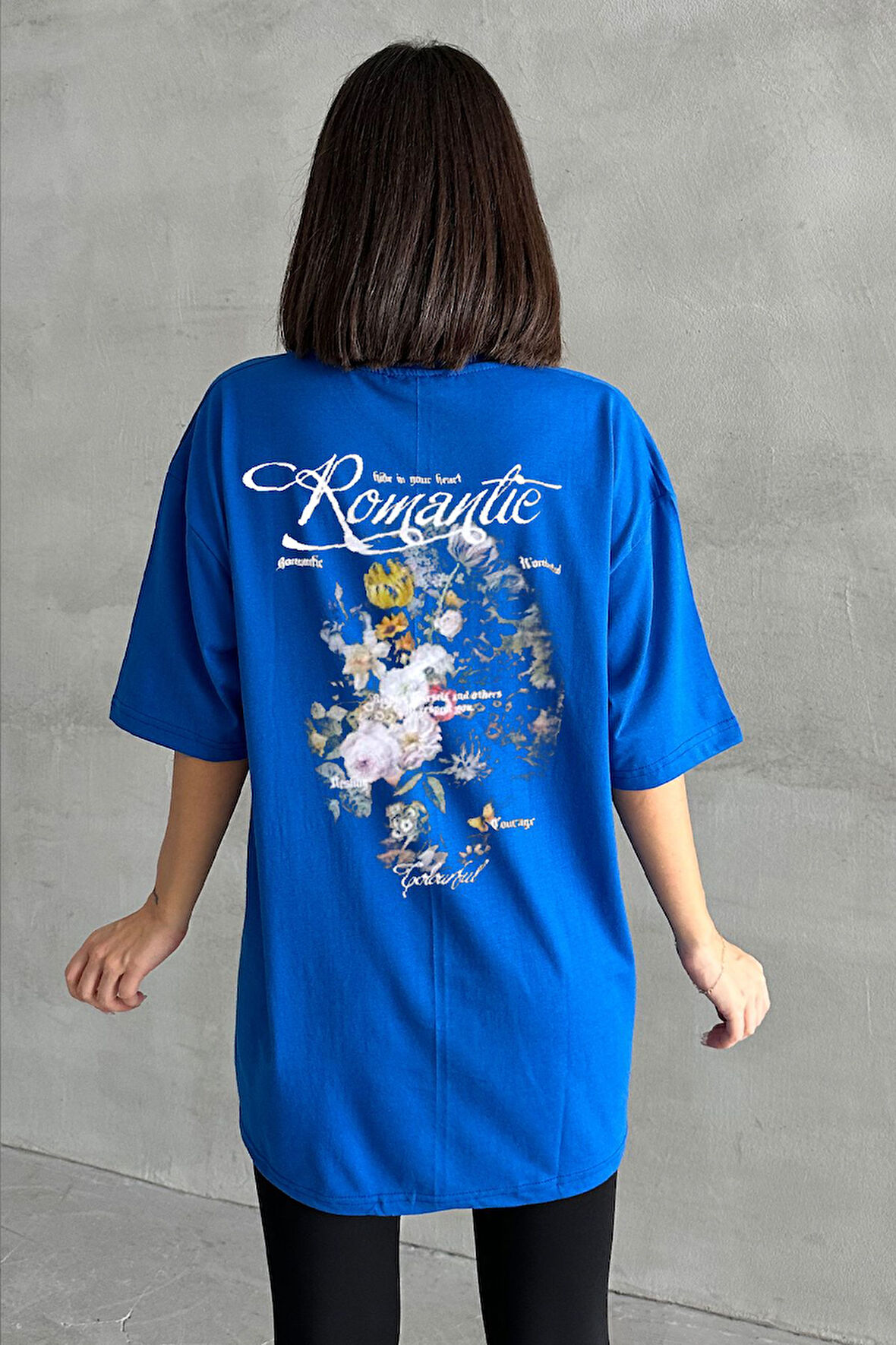 Kadın Romantie Baskılı Bisiklet Yaka Oversize T-Shirt