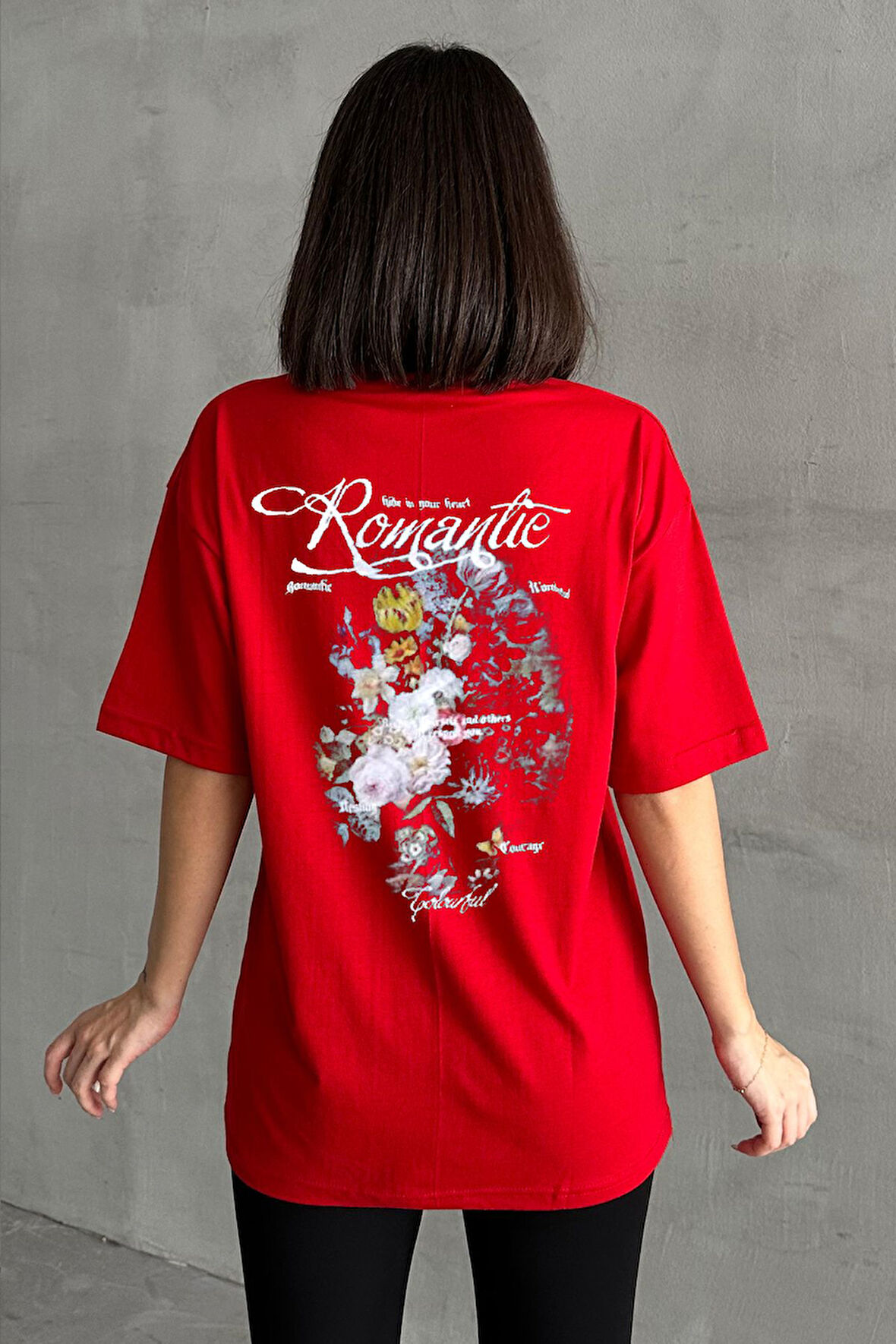 Kadın Romantie Baskılı Bisiklet Yaka Oversize T-Shirt