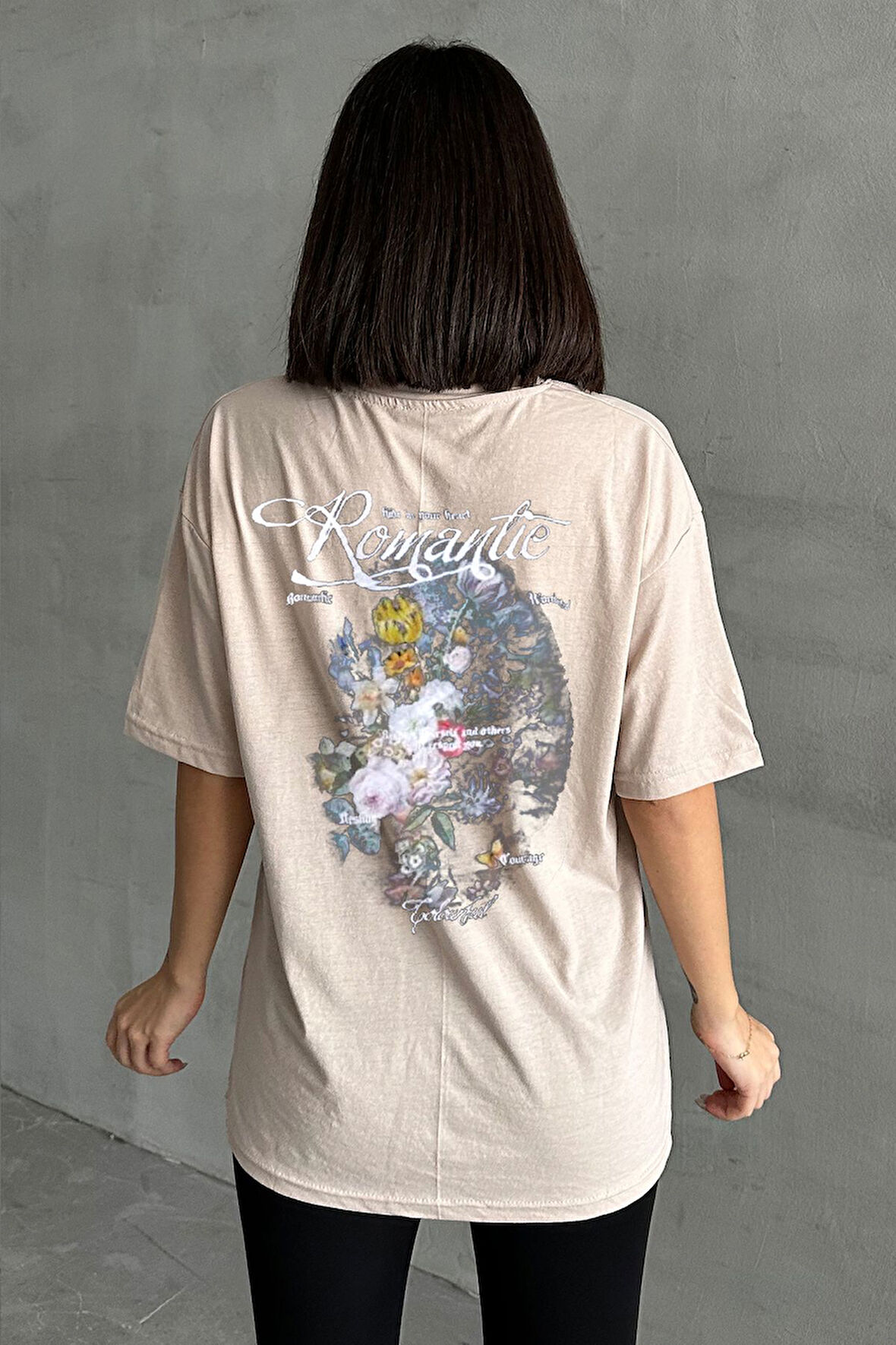 Kadın Romantie Baskılı Bisiklet Yaka Oversize T-Shirt