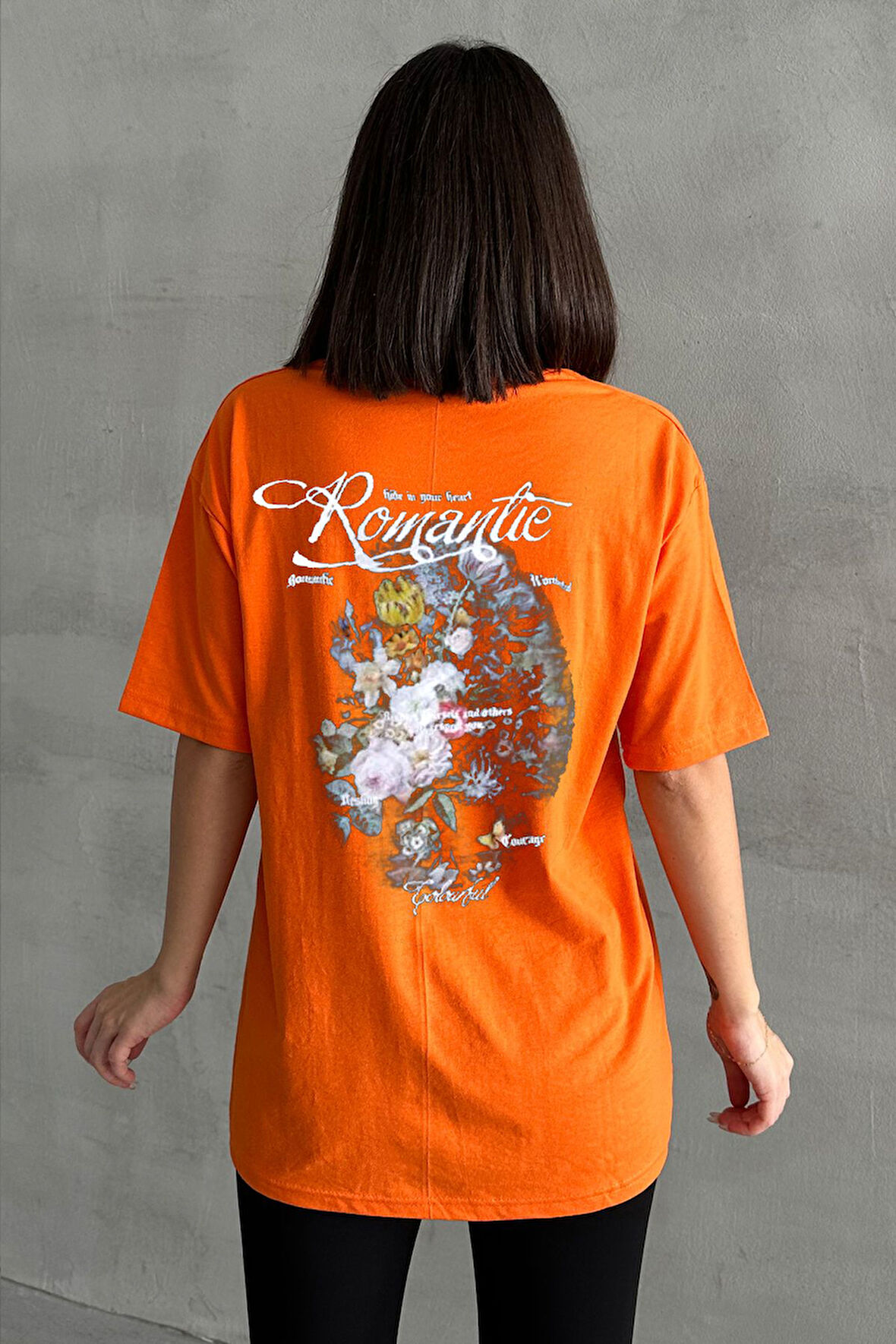 Kadın Romantie Baskılı Bisiklet Yaka Oversize T-Shirt