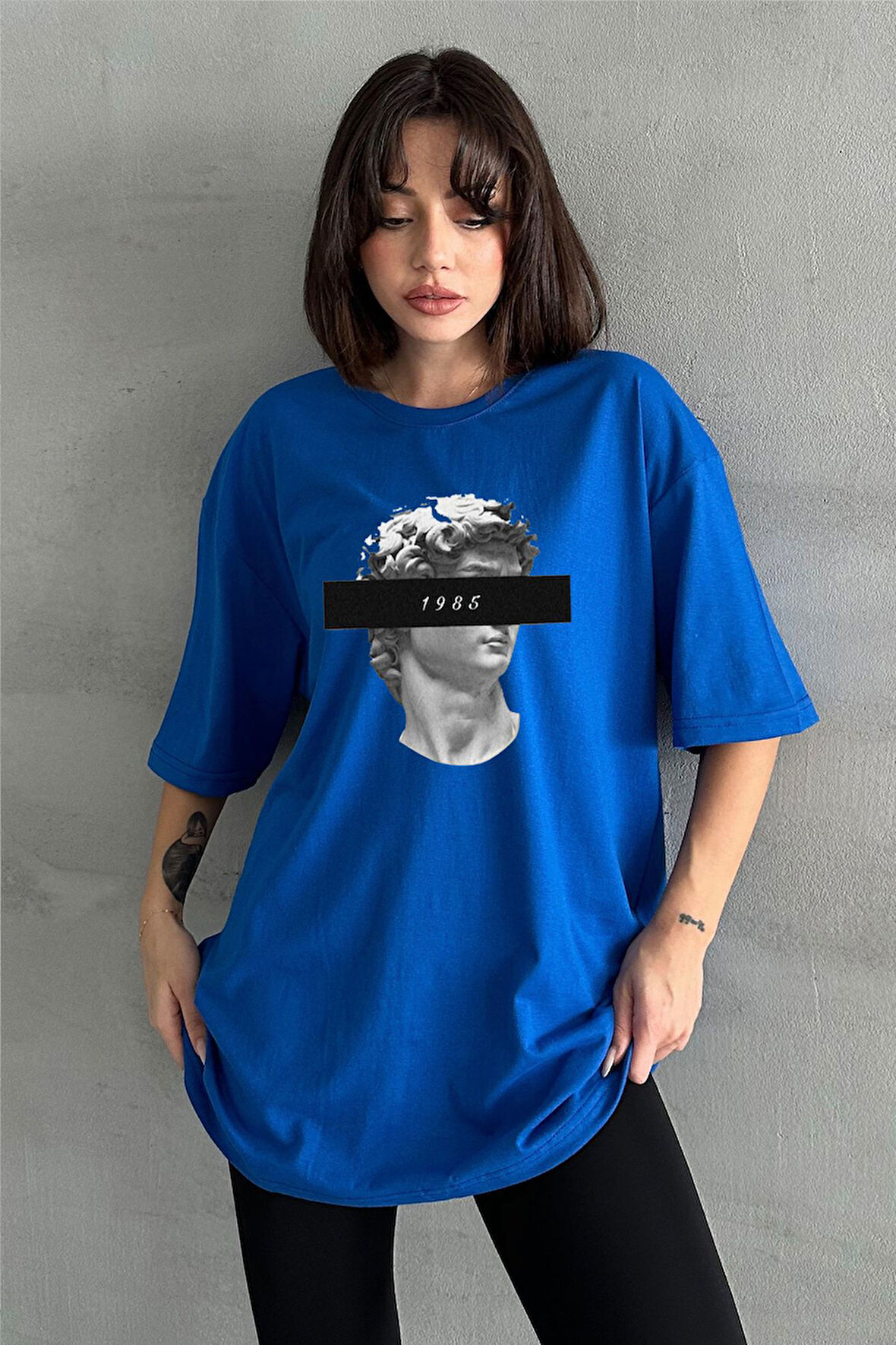 Kadın 1985 Davut Heykeli Baskılı Bisiklet Yaka Oversize T-Shirt