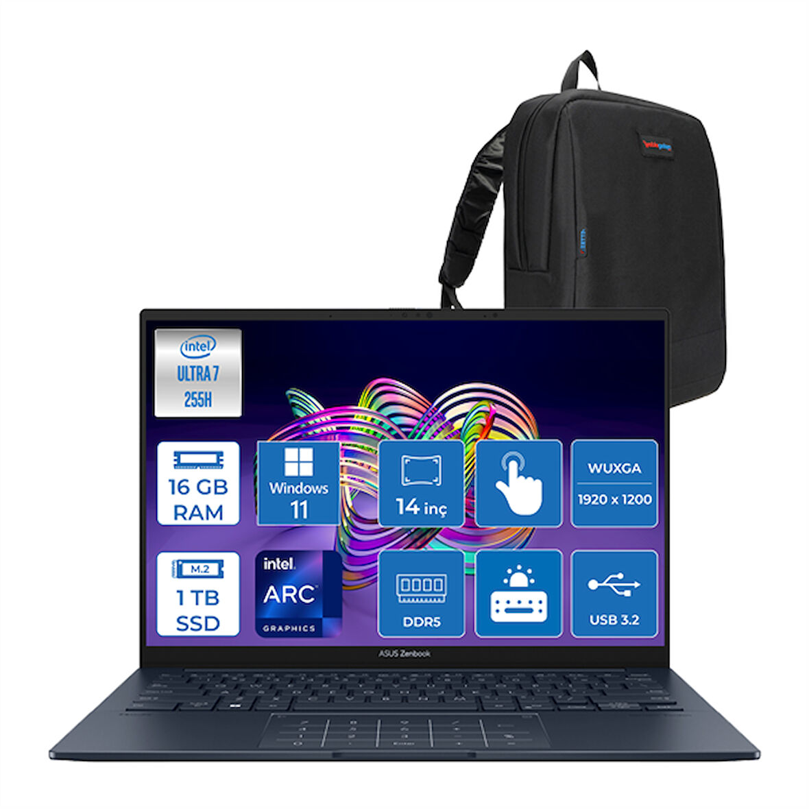 Asus Zenbook 14 Intel Core Ultra 7 255H 16GB LPDDR5X 1tb SSD Intel Arc Graphics 14.0"  Wuxga OLED 400NIT Windows 11 Pro Dokunmatik Taşınabilir Bilgisayar UX3405CAP02 + Zettaçanta