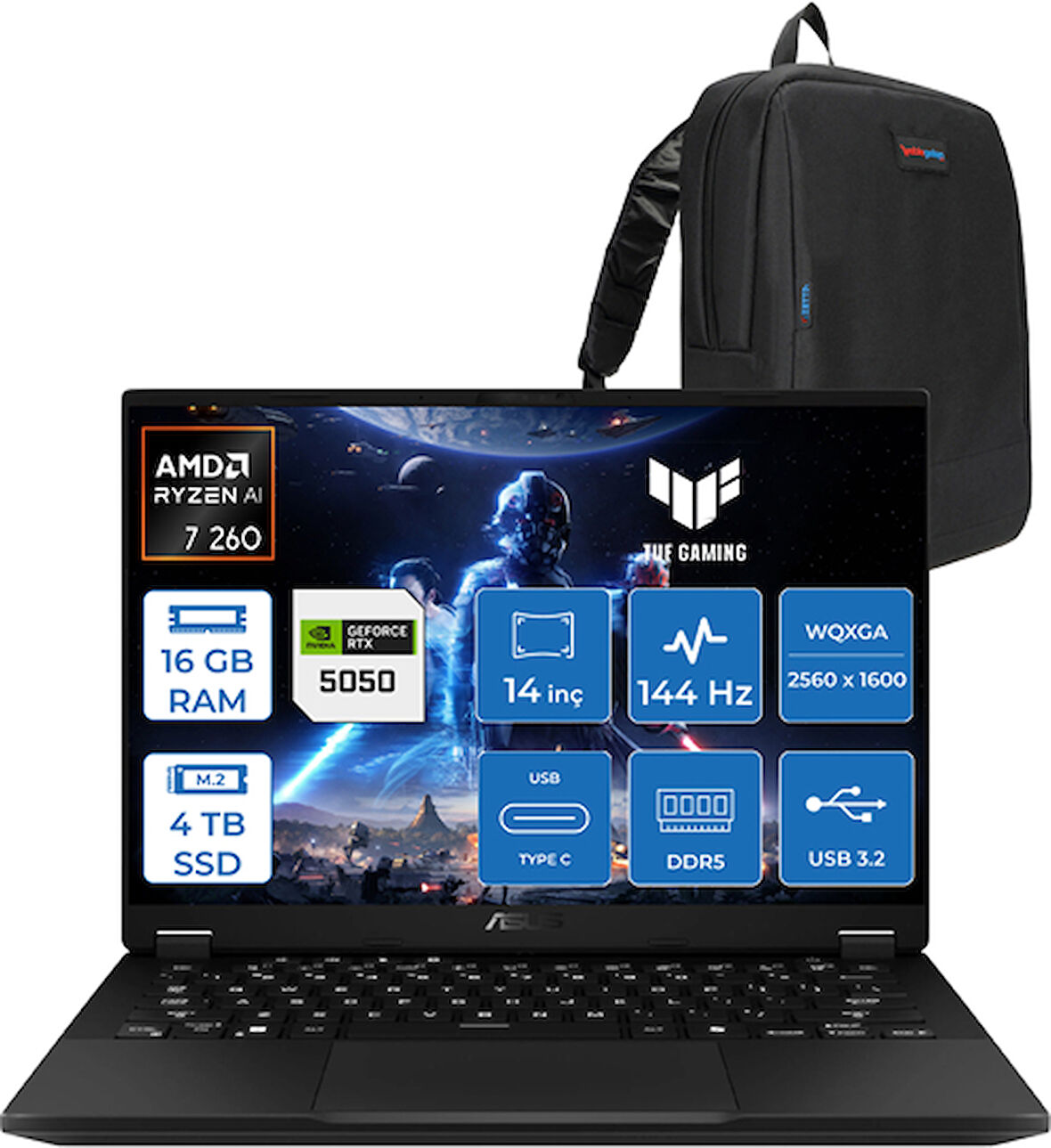 Asus Tuf Gaming A14 Ryzen 7 260 16GB LPDDR5X 4tb SSD 8GB/RTX5050/105W Freedos 14" 2.5k Wqxga IPS SRGB:%100 165Hz Mux Switch Yapay Zeka Destekli Taşınabilir Bilgisayar FA401UHF04 +Zettaçanta