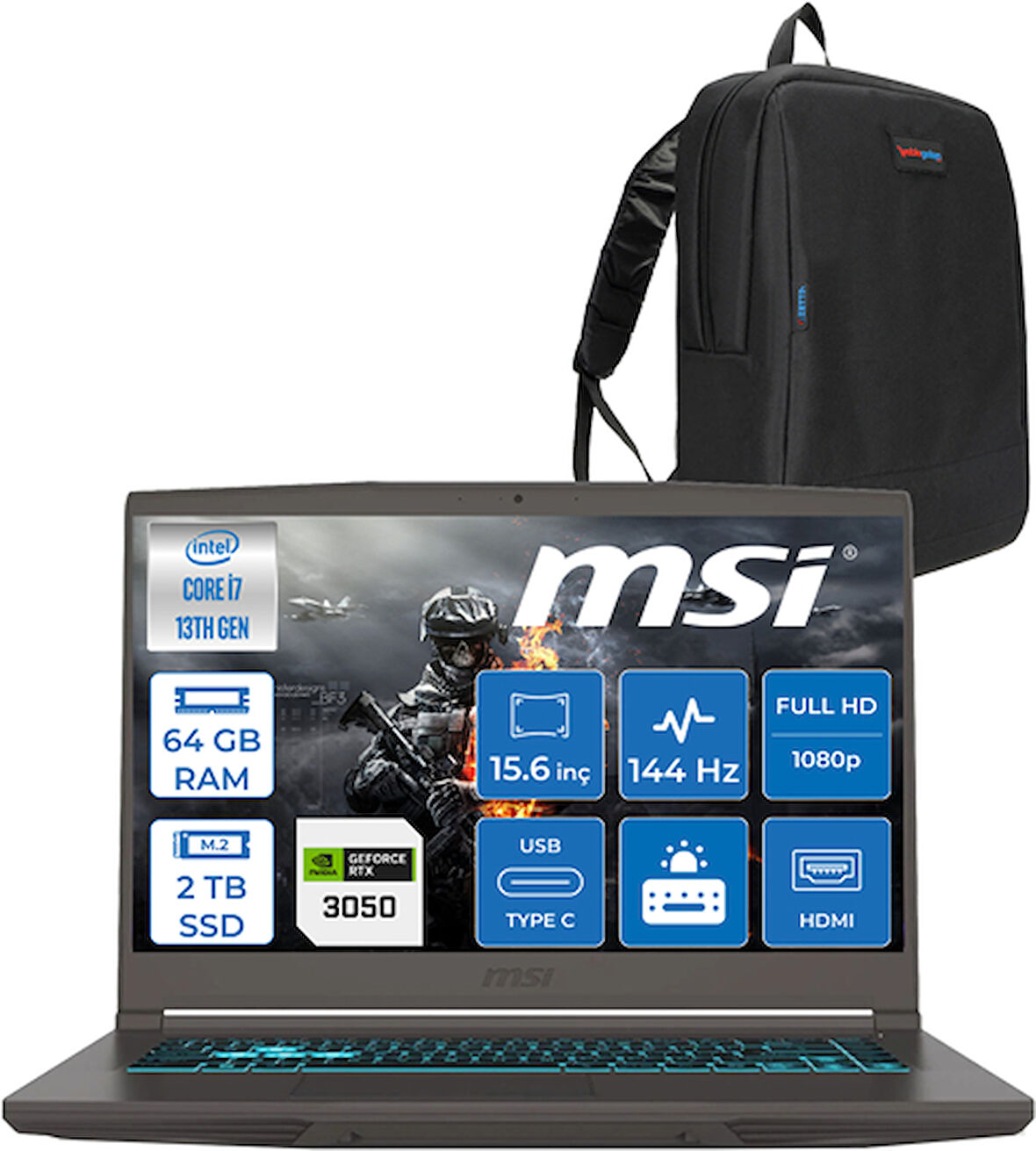 Msı Thın 15 I7-13620H 64GB Ddr4 2tb SSD 4GB/RTX3050/45W 15.6" IPS Fhd 144Hz Windows 11 Home Taşınabilir Oyuncu Bilgisayarı 3057XTRH23 + ZettaÇanta