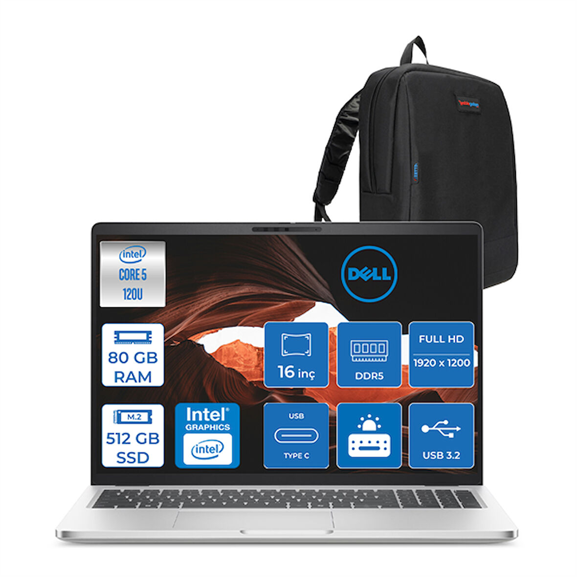 Dell Pro 16 Plus Ultra Core 5 120U 80GB Ddr5 512GB SSD Intel Graphics 16" Fhd+ 300NIT Windows 11 Pro Taşınabilir Bilgisayar U5120U165UH21 + Zettaçanta