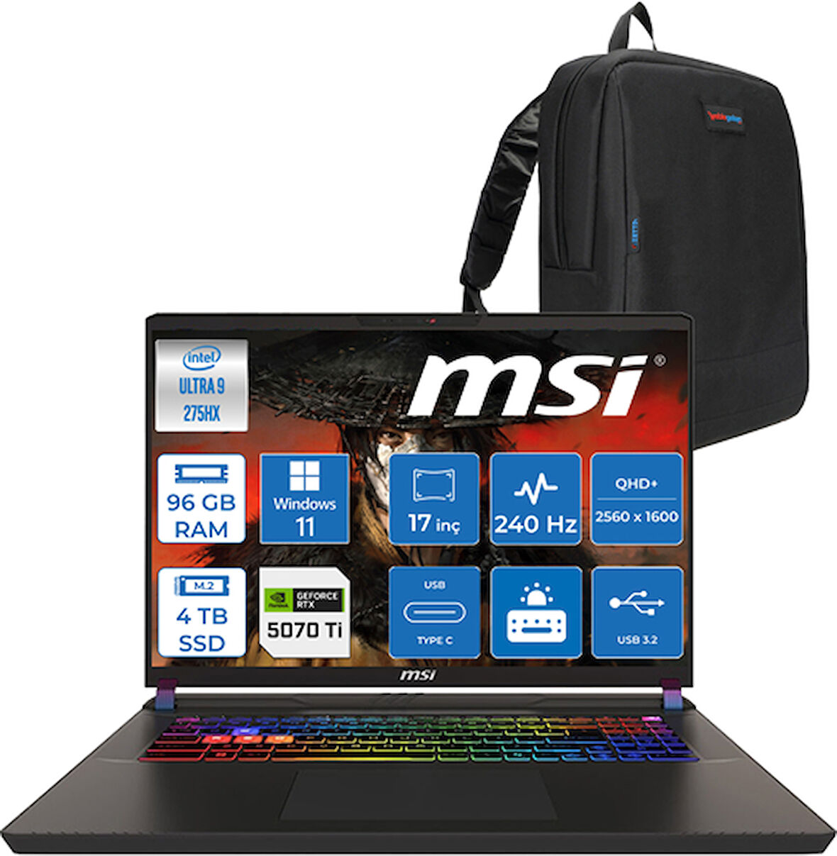 Msı Vector 17 Hx Aı Intel Core Ultra 9-275HX 96GB Ddr5 4tb SSD 12GB/RTX5070TI/140W 17” Qhd+ (2560X1600) 240Hz Windows 11 Home Taşınabilir Bilgisayar A2XWHGH32 + Zettaçanta