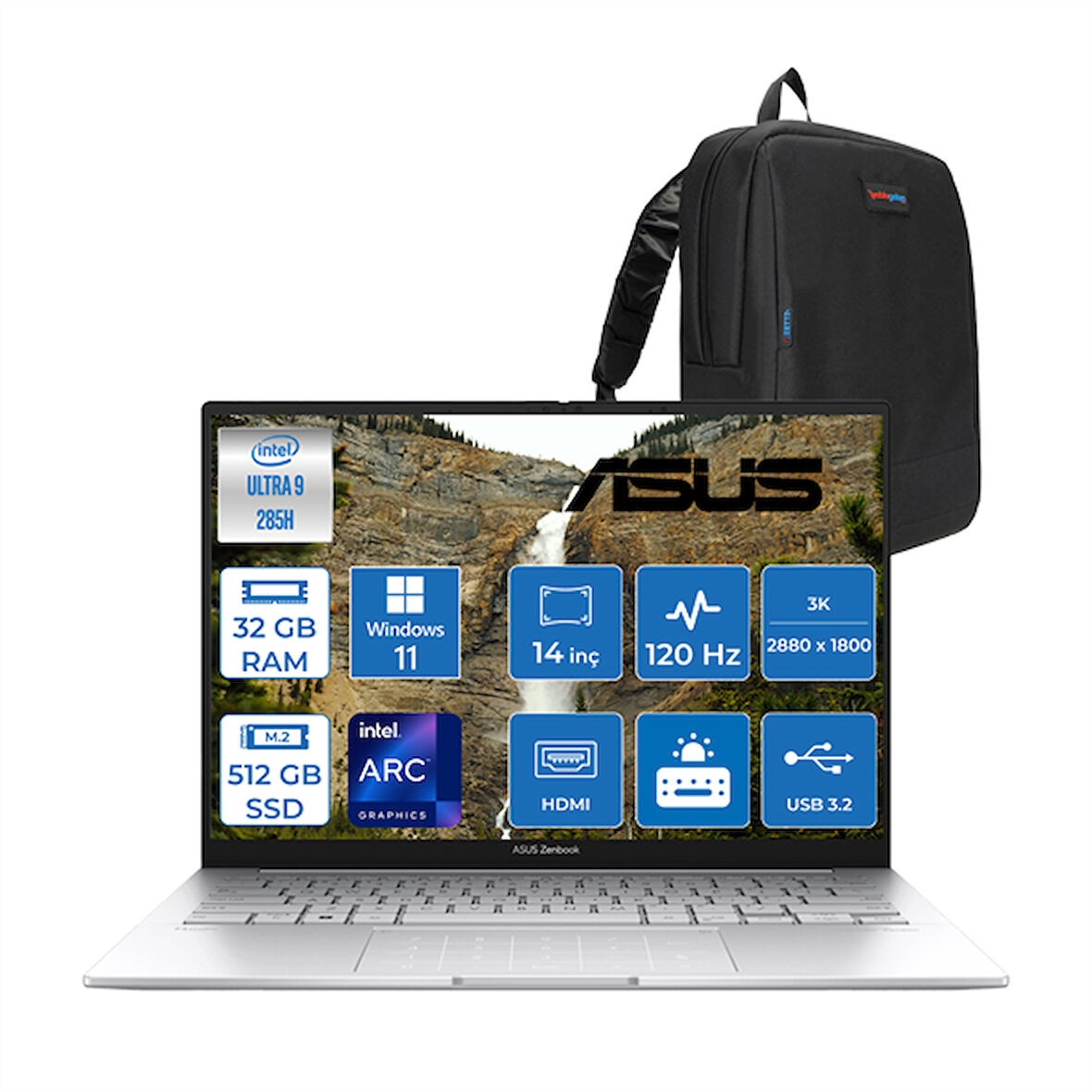 Asus Zenbook 14 Intel Core Ultra 9 285H 32GB LPDDR5X 512GB 14" 3k OLED 120Hz 600NIT Intel Arc Graphics Windows 11 Home Taşınabilir Bilgisayar UX3405CAH01 + Zettaçanta