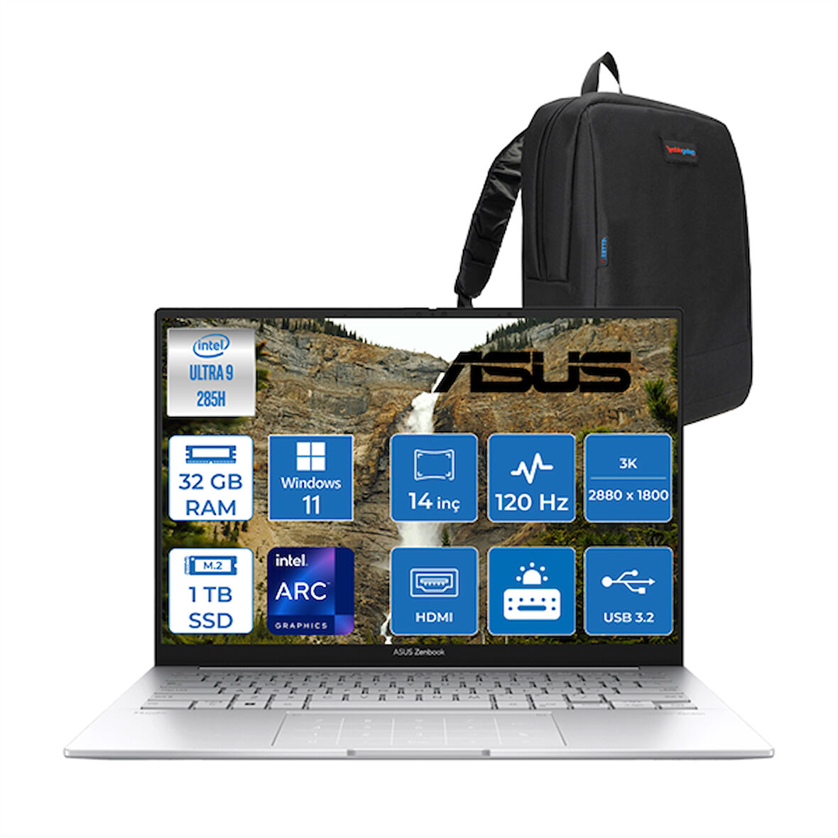 Asus Zenbook 14 Intel Core Ultra 9 285H 32GB LPDDR5X 1tb 14" 3k OLED 120Hz 600NIT Intel Arc Graphics Windows 11 Home Taşınabilir Bilgisayar UX3405CAH02 + Zettaçanta
