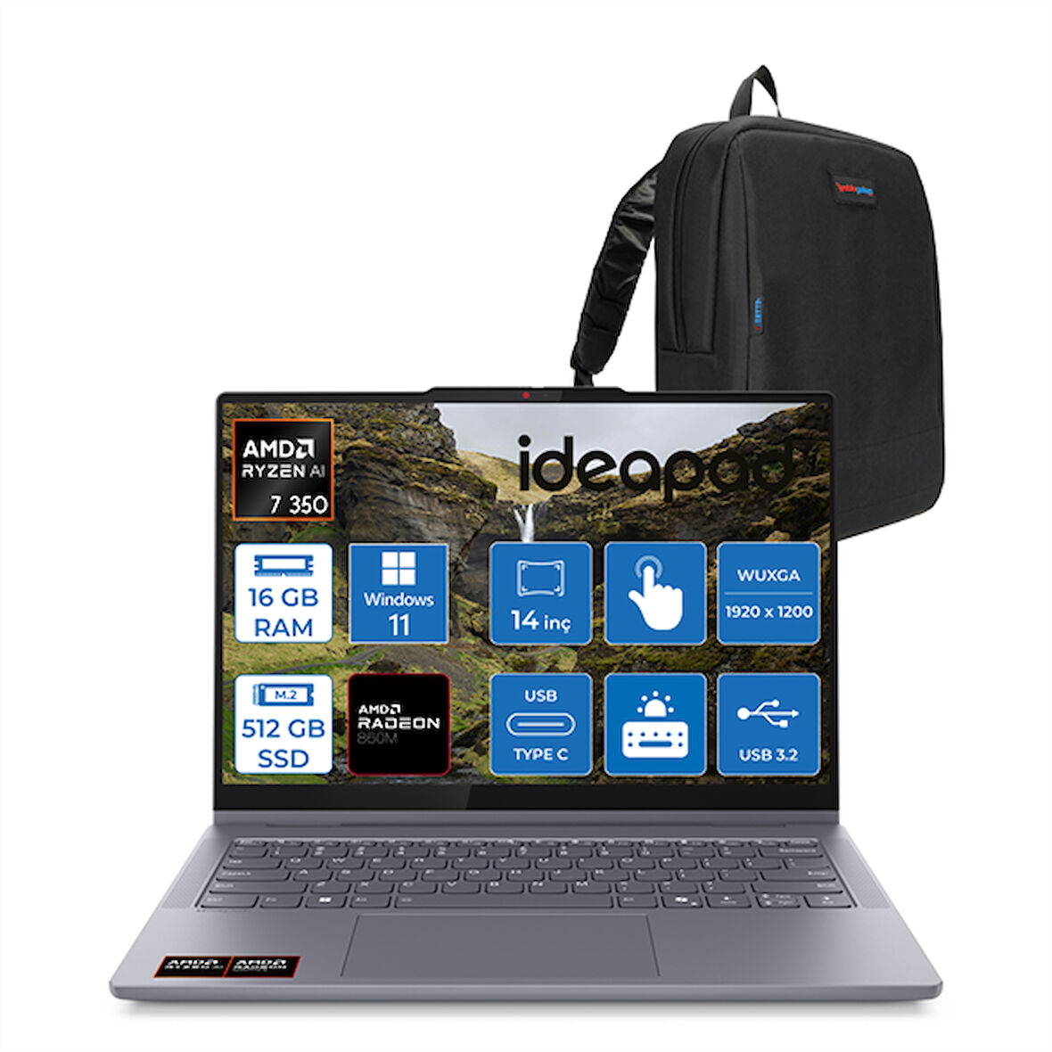 Lenovo Ideapad 5 Amd Ryzen Aı 7 350 16GB LPDDR5X 512GB Amd Radeon™ 860M 14" Wuxga IPS 300NITS Windows 11 Pro Dokunmatik Bilgisayar IP83KT003CTRP01 + Zettaçanta