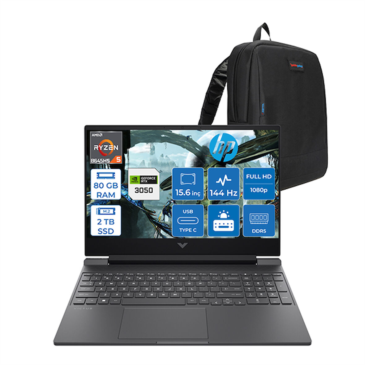 Hp Victus Amd Ryzen 5 8645HS 80GB Ddr5 2tb SSD 6GB/RTX3050/75W 15.6inç Fhd 144Hz IPS Freedos Gaming Bilgisayar 15FB3705F23 + Zettaçanta