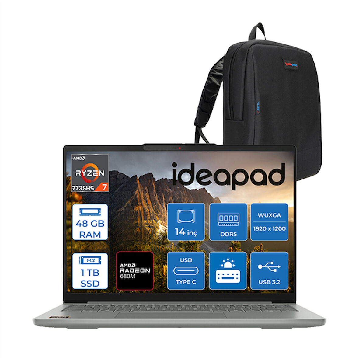 Lenovo Ideapad Slim 5 Amd Ryzen 7 7735HS 48GB Ddr5 1tb SSD Amd Radeon™ 680M Windows 11 Pro 14" Wuxga IPS Taşınabilir Bilgisayar IDS14ARP10P18 + Zettaçanta