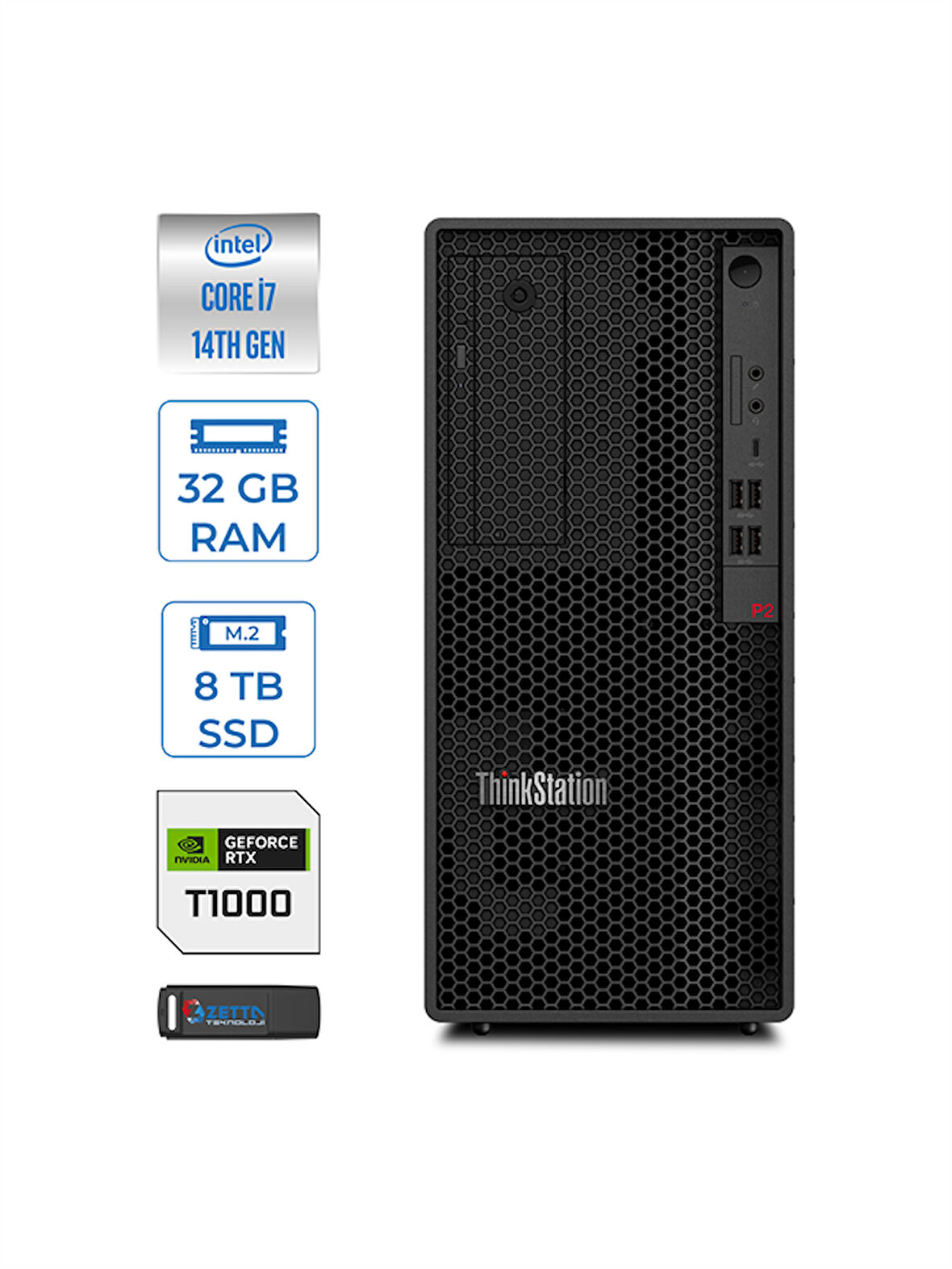 Lenovo Thinkstation P2 Intel® Vpro I7 14700 32GB Ddr5 4tb SSD + 4tb SSD 8GB/T1000 Windows 11 Pro Raid Destekli Masaüstü Iş Istasyonu 30FR001HTRWP18 + Zettausbbellek
