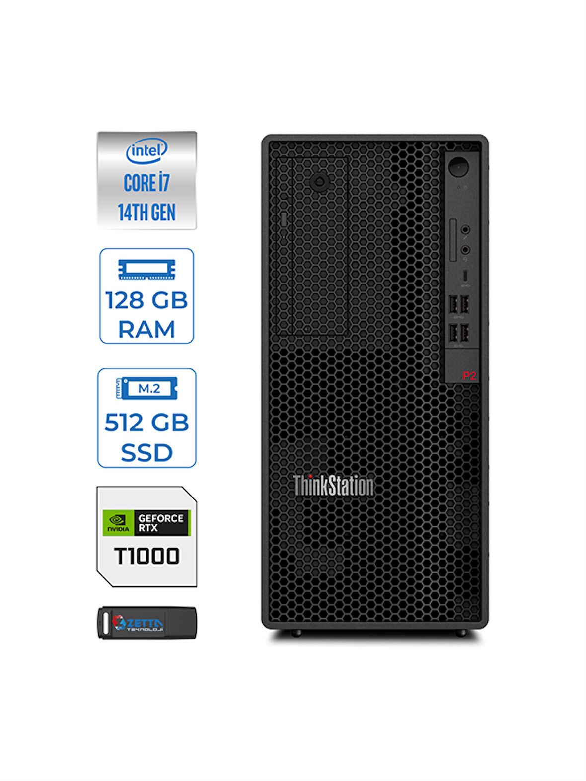 Lenovo Thinkstation P2 Intel® Vpro I7 14700 128GB Ddr5 512GB SSD 8GB/T1000 Windows 11 Pro Raid Destekli Masaüstü Iş Istasyonu 30FR001HTRWP37 + Zettausbbellek