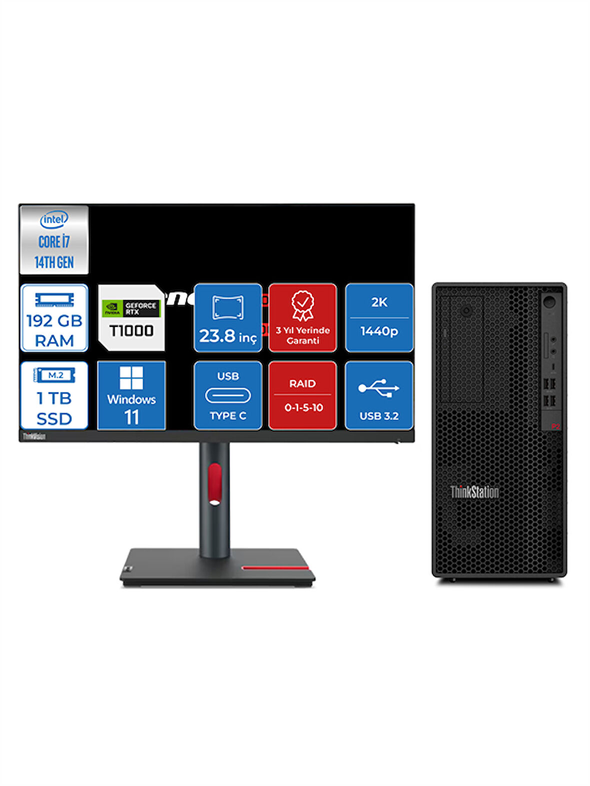 Lenovo Thinkstation P2 Intel® Vpro I7 14700 192GB Ddr5 1tb SSD 8GB/T1000 23.8" 2k Monitör Windows 11 Pro Raid Destekli Masaüstü Iş Istasyonu 30FR001HTRMWP43 + Zettausbbellek