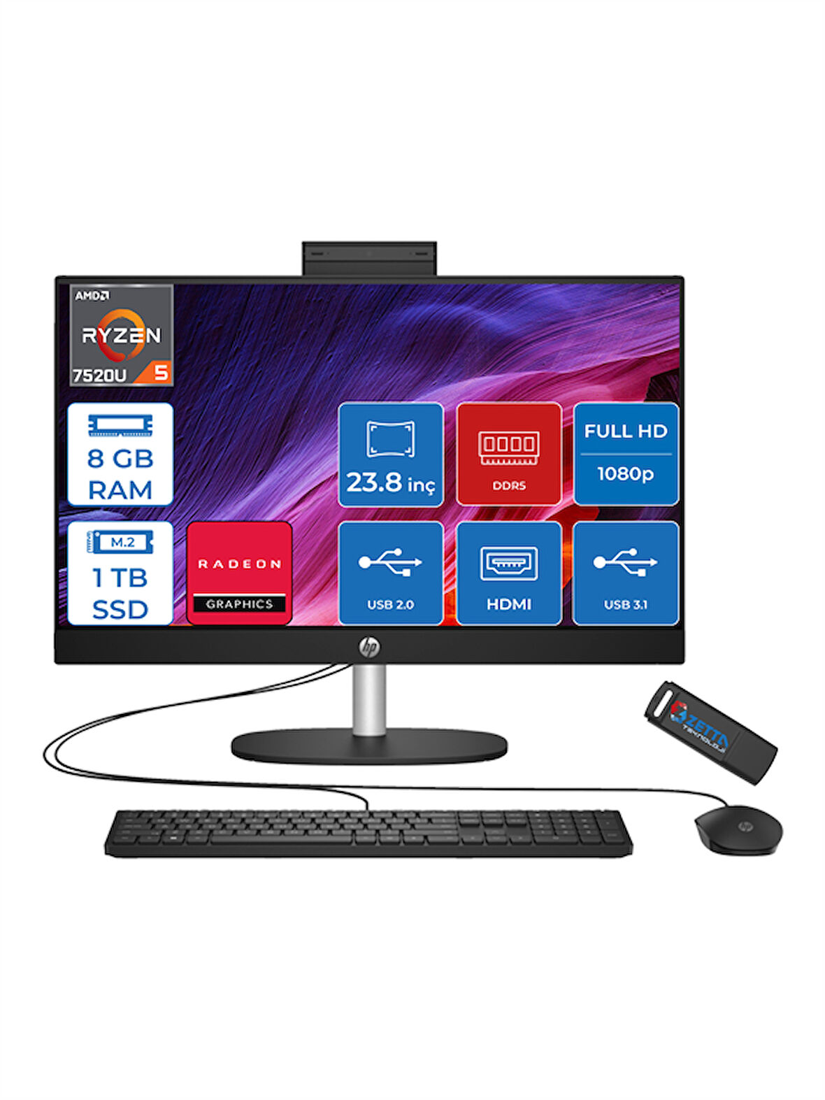 Hp 24-CR0034NT Amd Ryzen 5 7520U 8gb 1tb SSD Freedos Amd Radeon™ Grafik Kartı 23.8 Inç IPS Fullhd All In One Bilgisayar 80N40EAF22+ Zetta Flash Bellek