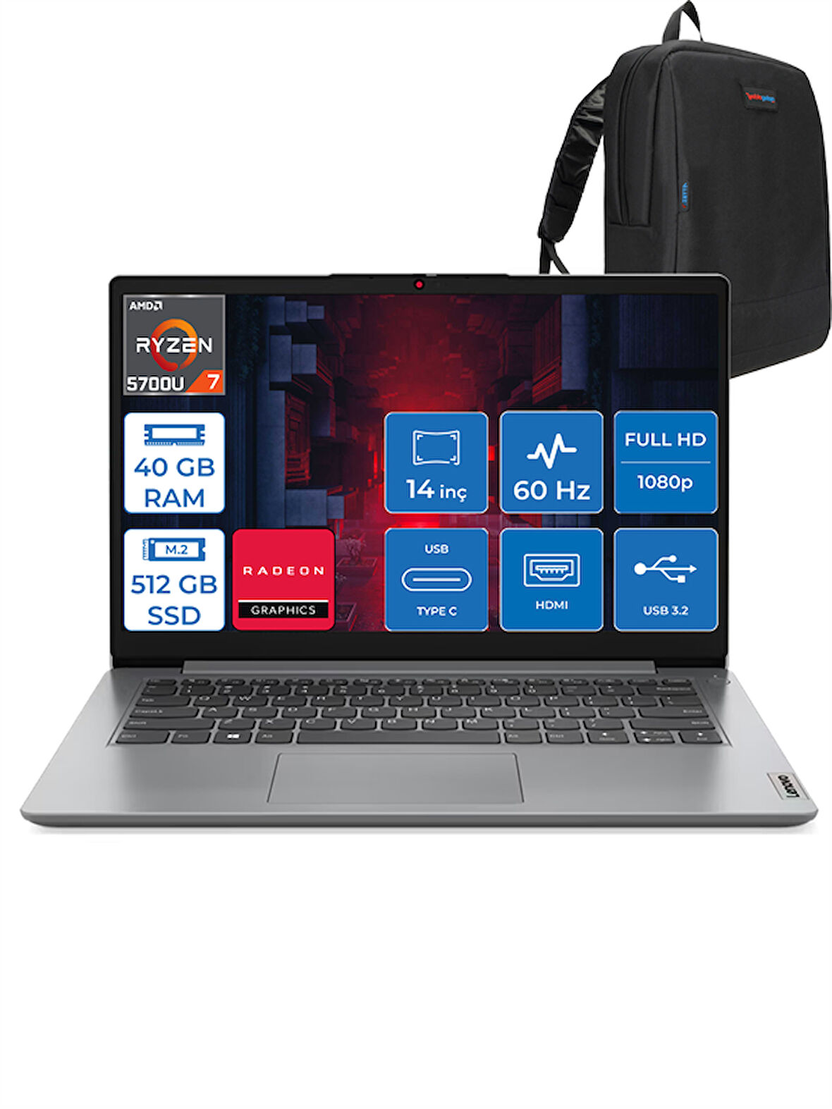 Lenovo Ideapad 1 14ALC7RYZEN™ 7 5700U 40GB 512GB SSD Freedos 14" Tn Fhd L82R3007DTXF05 + Zettaçanta