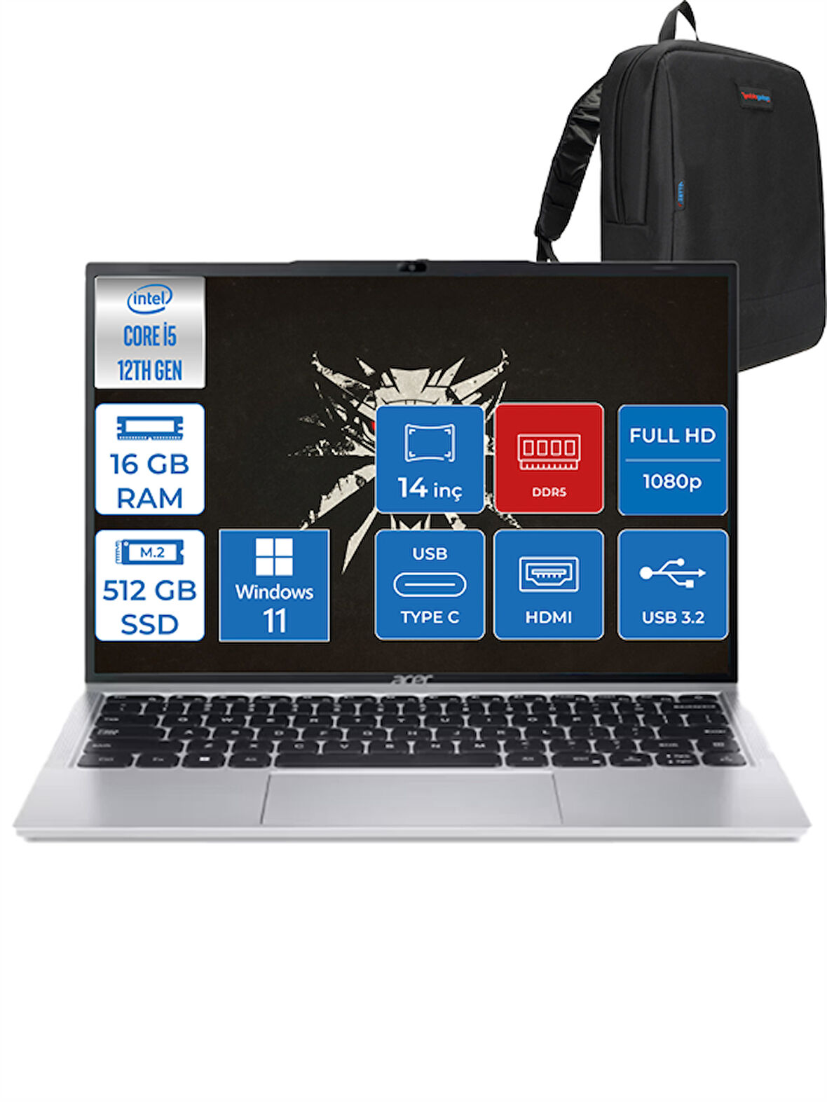 Aspire Lite Intel I5-1235U 16GB Ddr5 512GB SSD UHD Graphics 14'' Fhd W11PRO Gümüş Notebook AL1451MWP01 + Zettaçanta