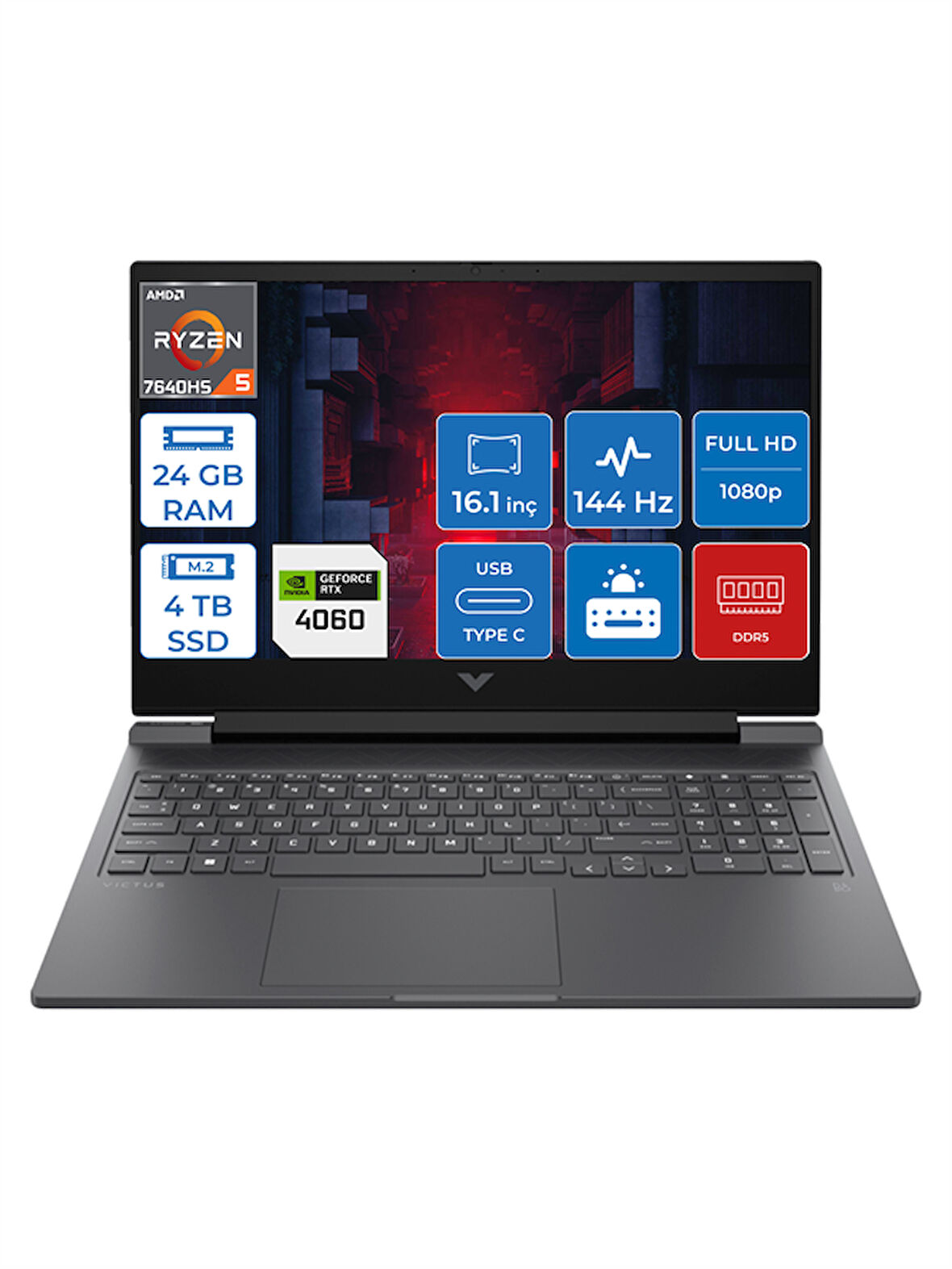 HP Victus 16-S0035NT Ryzen 5 7640HS 24GB Ddr5 4tb SSD 8GB/RTX4060/120W Freedos 16.1" Fhd IPS 144Hz Taşınabilir Bilgisayar HP7Z5Z2EAF07 + Zettaçanta