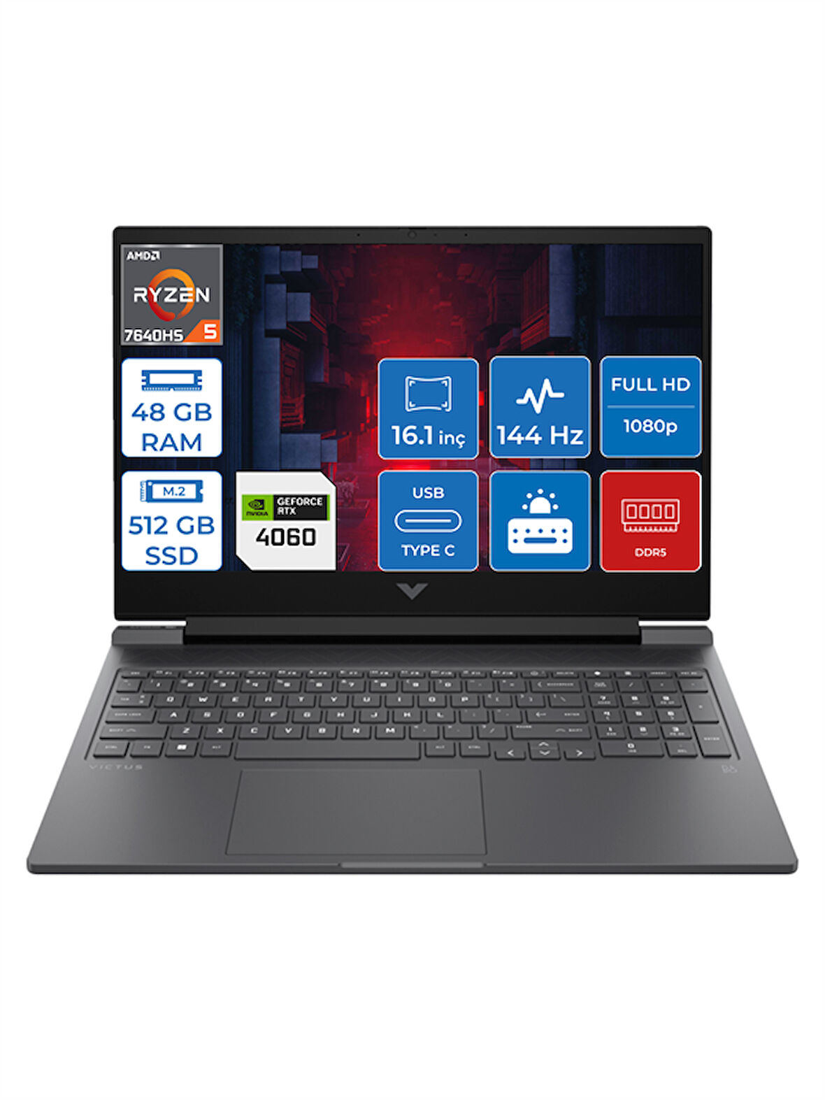 HP Victus 16-S0035NT Ryzen 5 7640HS 48GB Ddr5 512GB SSD 8GB/RTX4060/120W Windows 11 Pro 16.1" Fhd IPS 144Hz Taşınabilir Bilgisayar HP7Z5Z2EAP12 + Zettaçanta