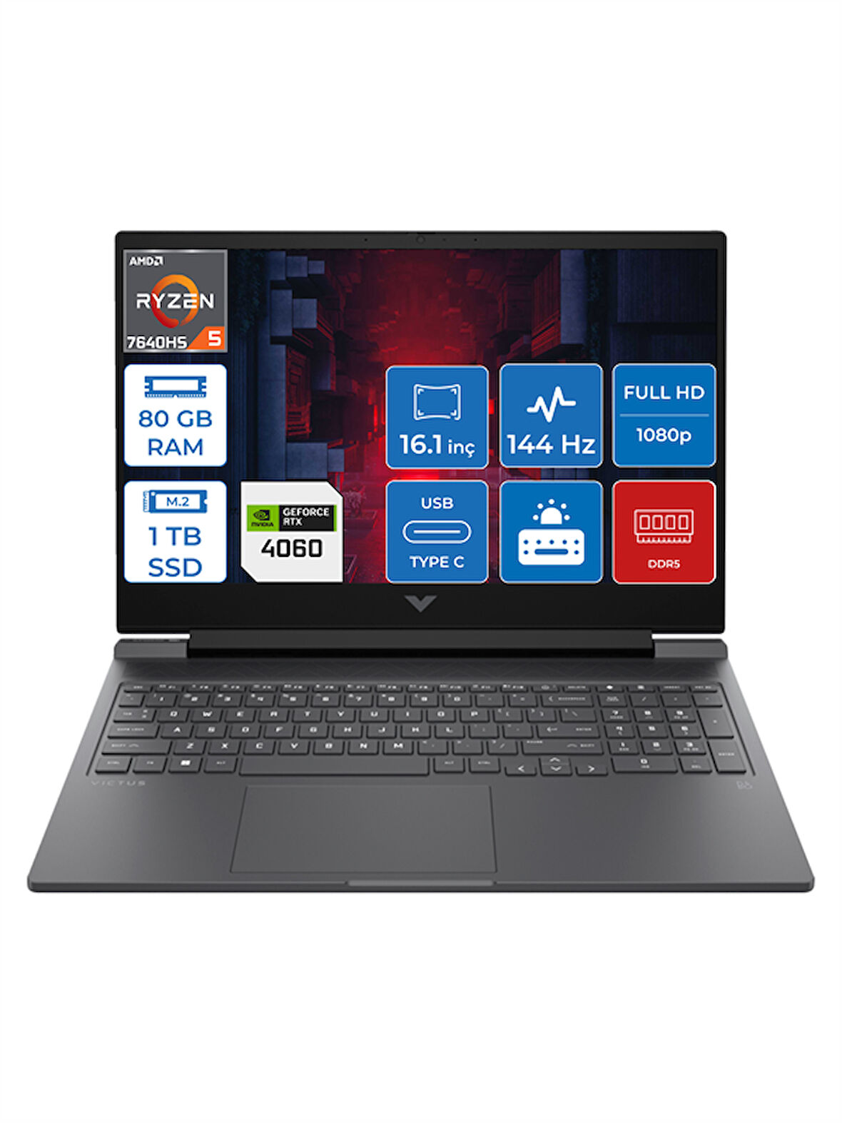 HP Victus 16-S0035NT Ryzen 5 7640HS 80GB Ddr5 1tb SSD 8GB/RTX4060/120W Windows 11 Pro 16.1" Fhd IPS 144Hz Taşınabilir Bilgisayar HP7Z5Z2EAP26 + Zettaçanta