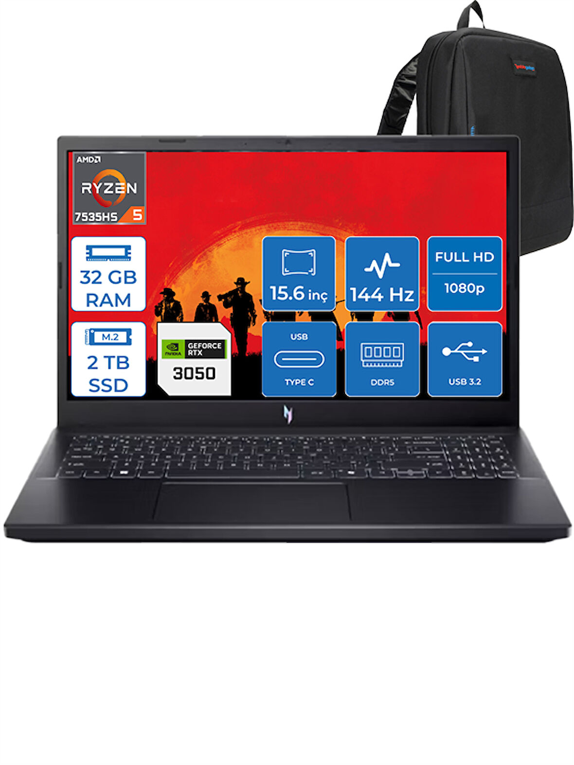 Acer Nitro V15 ANV15 Ryzen 5 7535HS 32GB Ddr5 2tb SSD 6GB/RTX3050/75W 15.6" Fhd 144Hz Windows 11 Home Dizüstü Bilgisayar 41R5QLH10 + Zettaçanta
