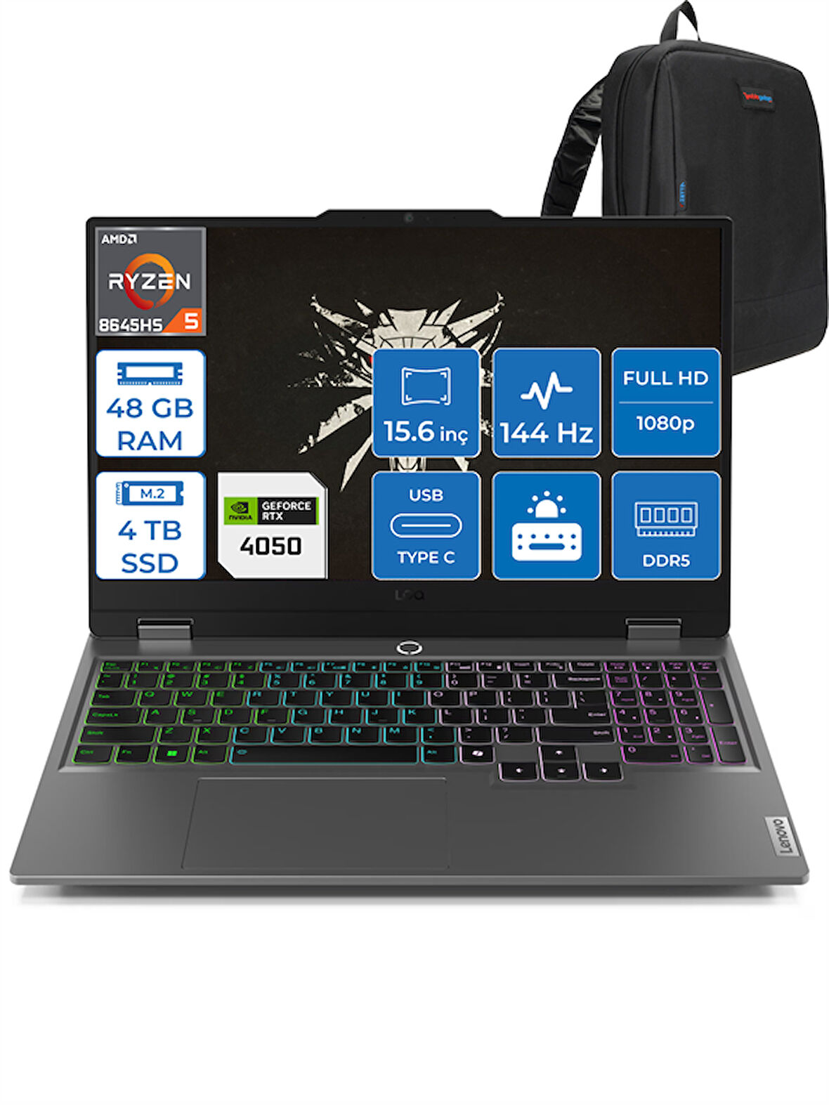 Lenovo Loq Amd Ryzen 5 8645HS 48GB Ddr5 4tb SSD 6GB/RTX4050/105W Windows 11 Pro 15.6" Fhd IPS 144Hz Yapay Zeka Destekli Taşınabilir Bilgisayar L83DX008DTRP15 + Zettaçanta